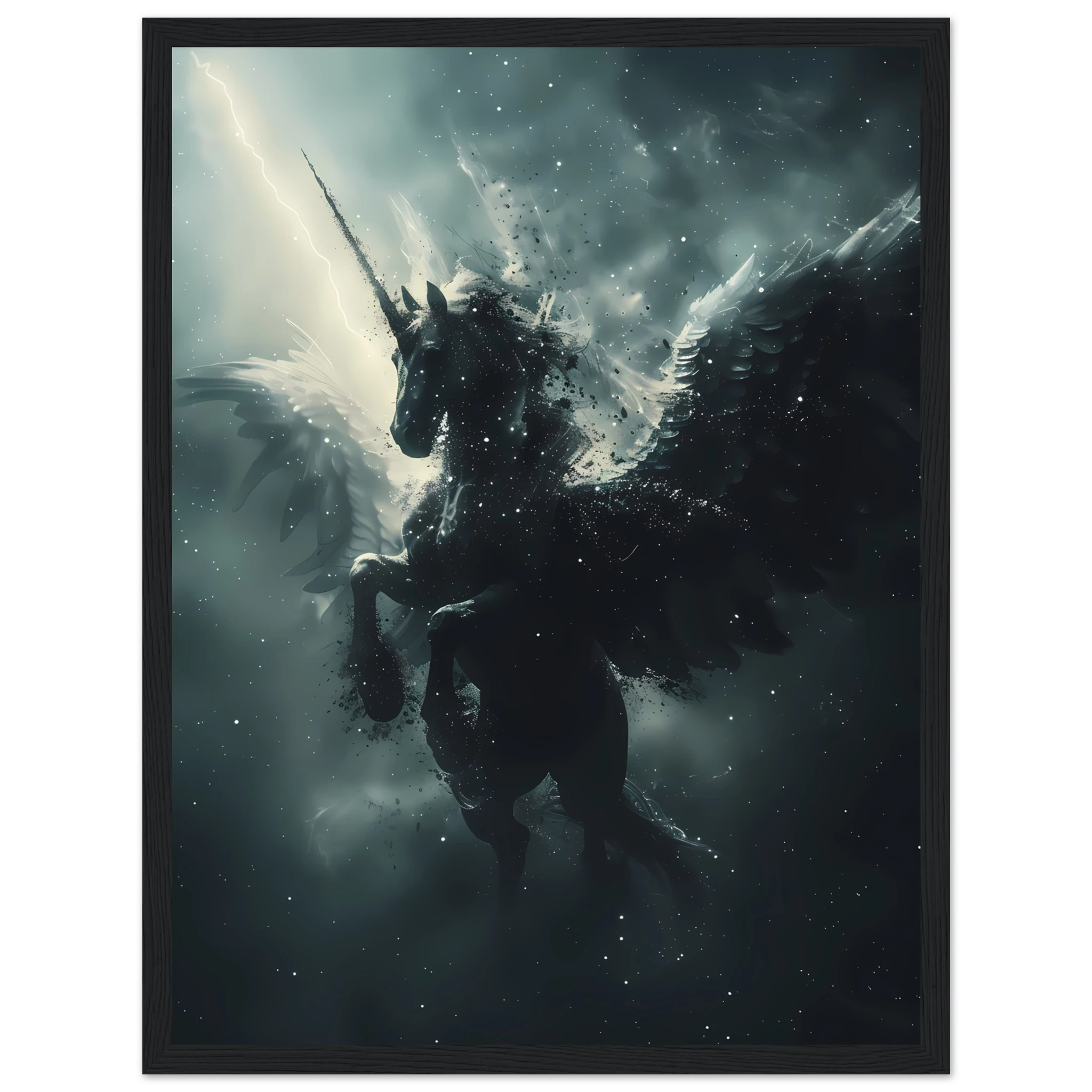 White Pegasus soaring across night sky of constellations — graceful fantasy wall art.