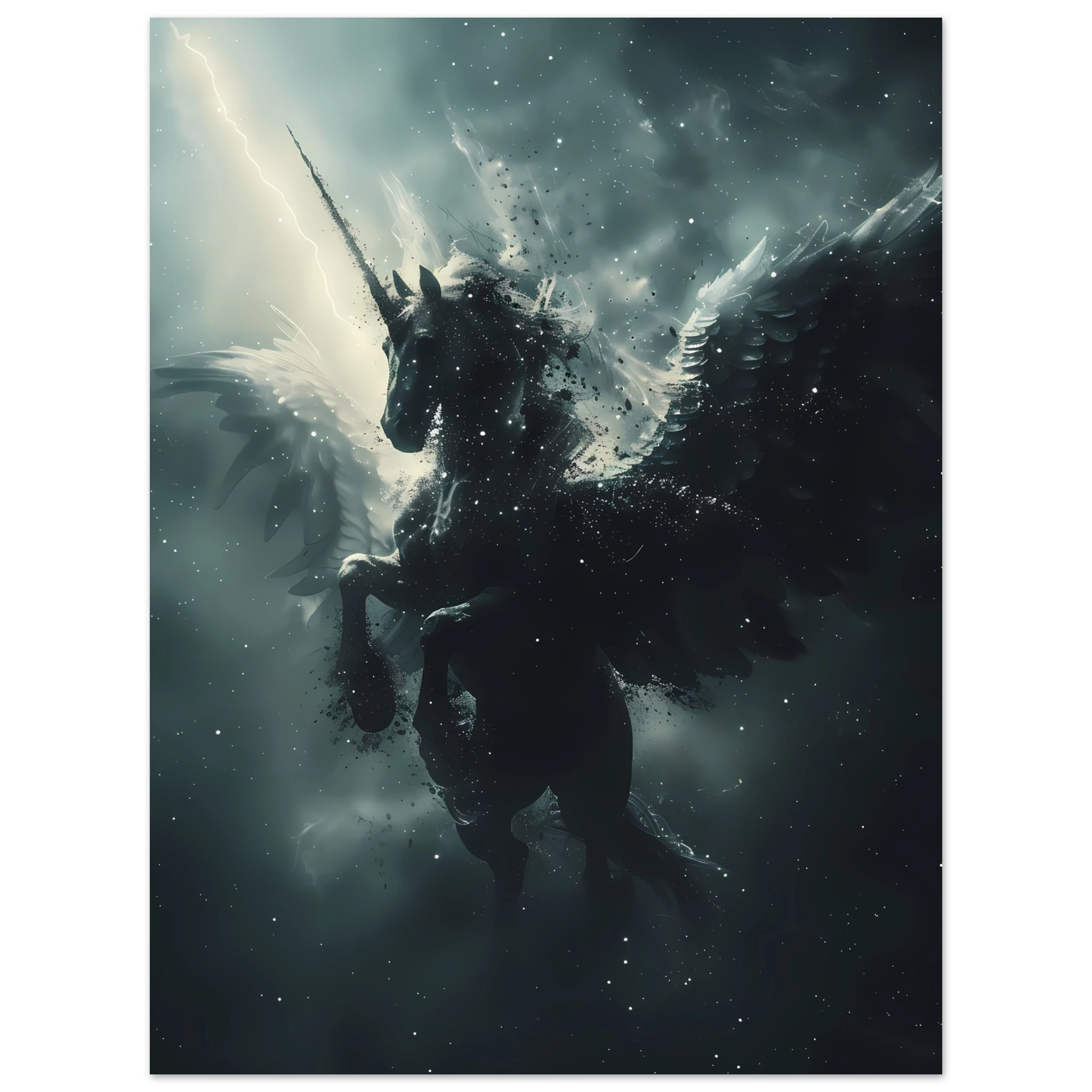 White Pegasus soaring across night sky of constellations — graceful fantasy wall art.