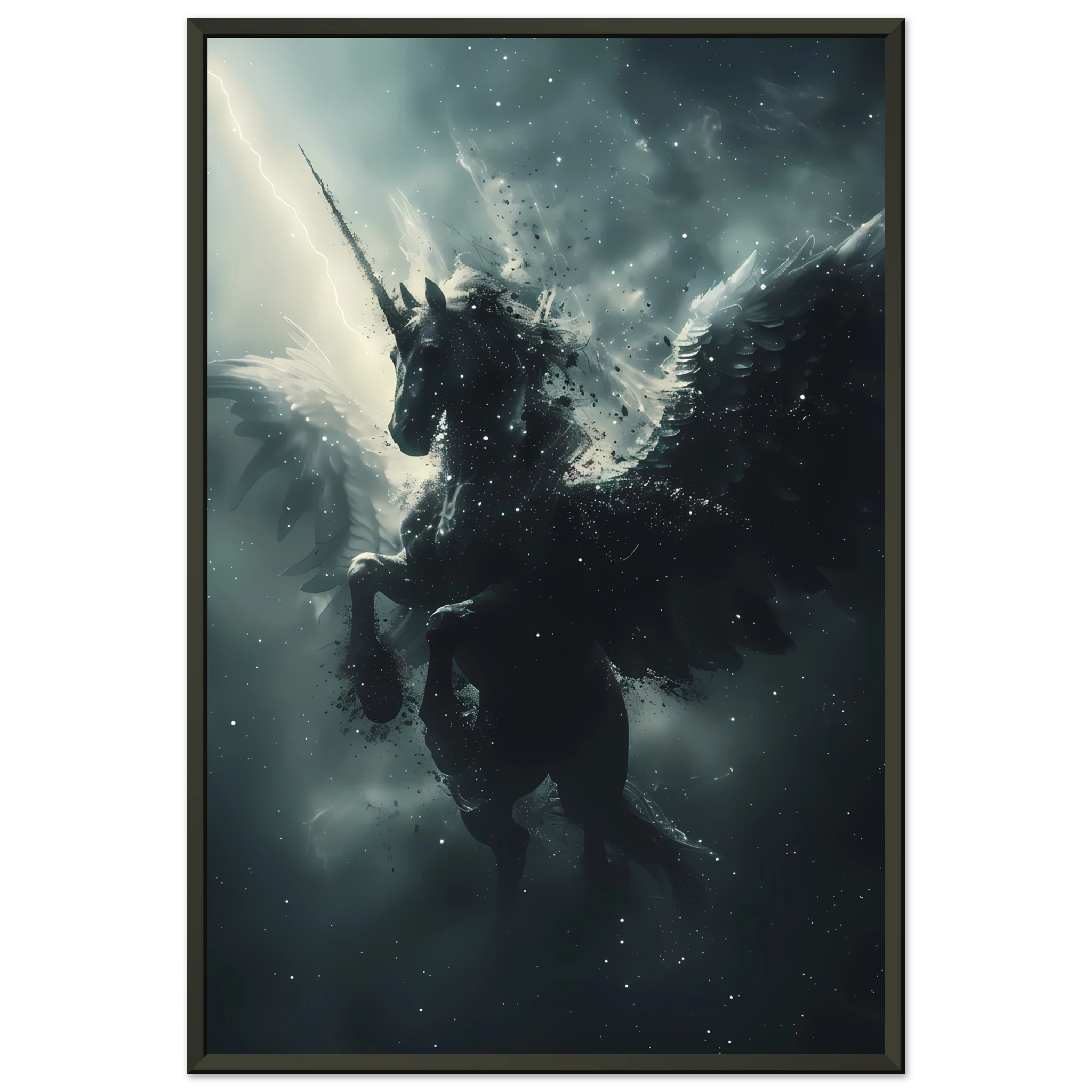 White Pegasus soaring across night sky of constellations — graceful fantasy wall art.