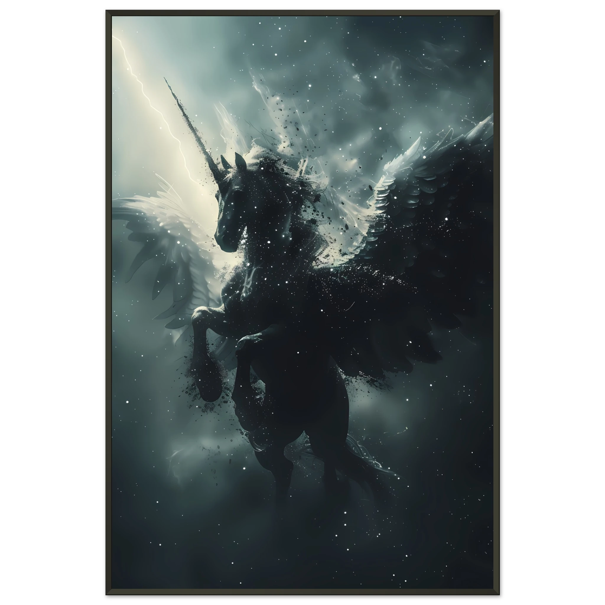 White Pegasus soaring across night sky of constellations — graceful fantasy wall art.