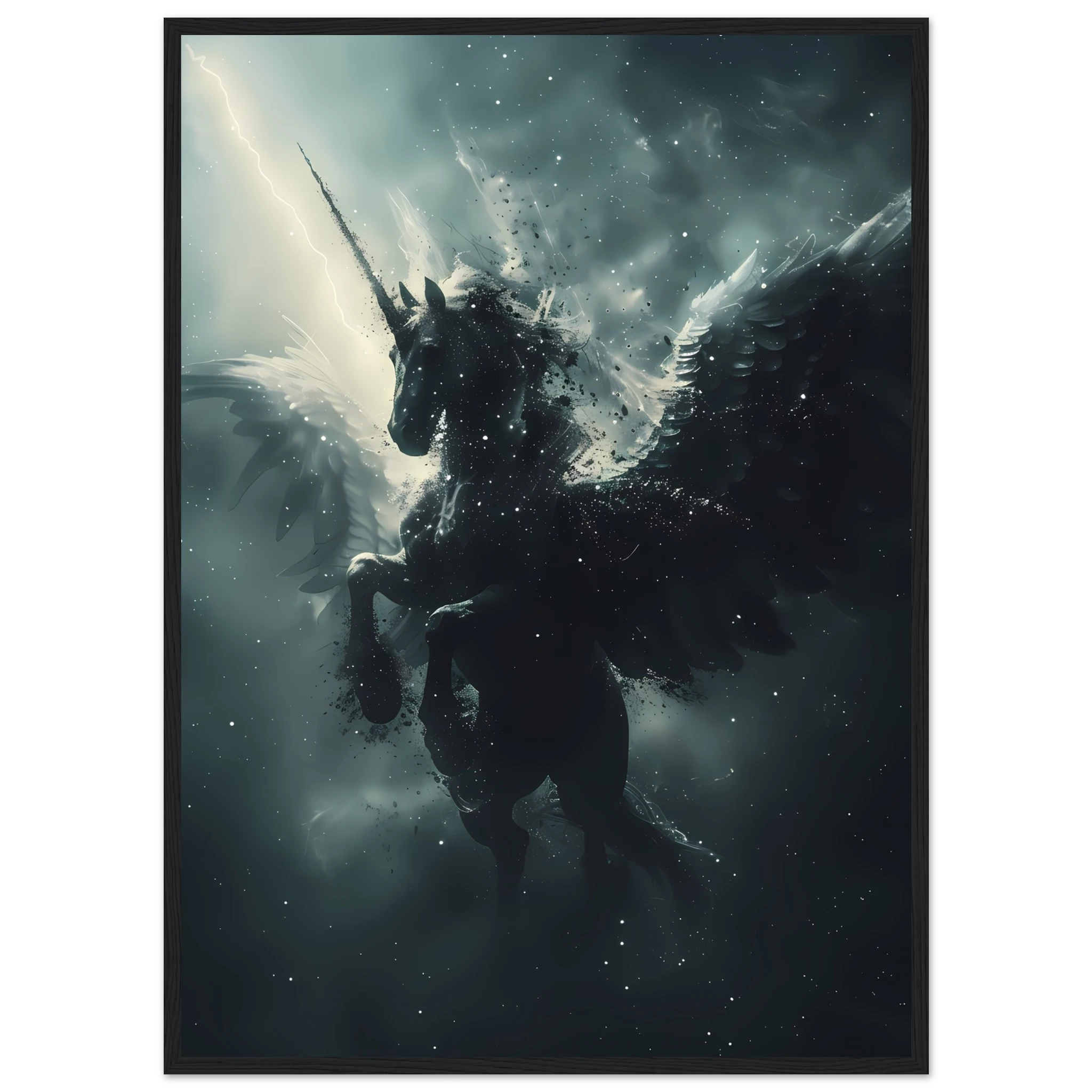 White Pegasus soaring across night sky of constellations — graceful fantasy wall art.