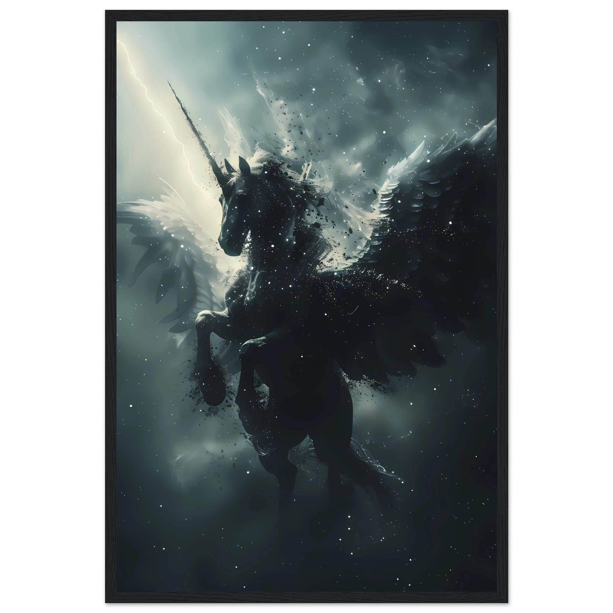 White Pegasus soaring across night sky of constellations — graceful fantasy wall art.