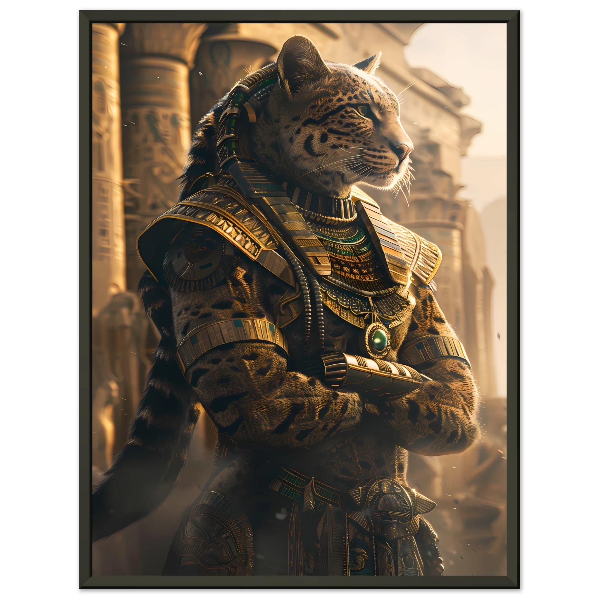 Bengal cat in golden pharaoh headdress amid sandstone columns — Egyptian royal pet art.