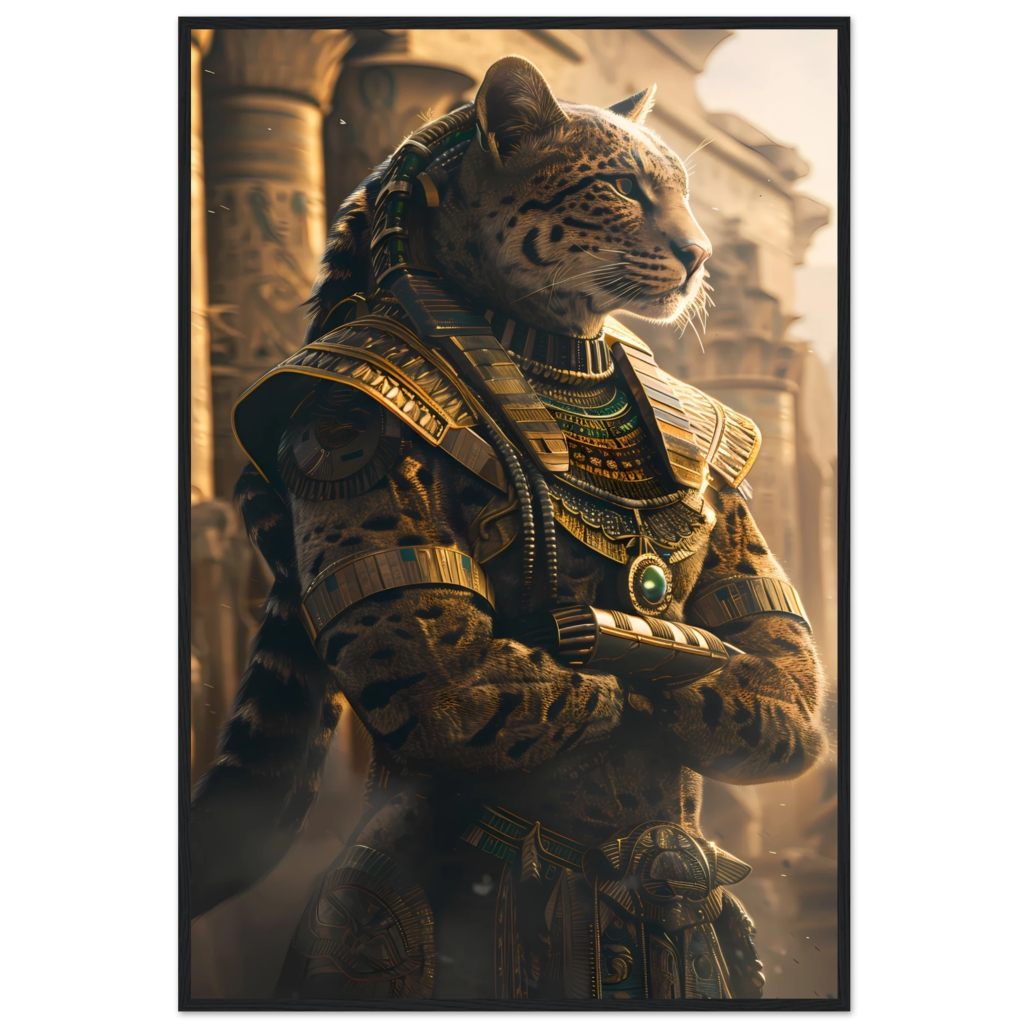 Bengal cat in golden pharaoh headdress amid sandstone columns — Egyptian royal pet art.