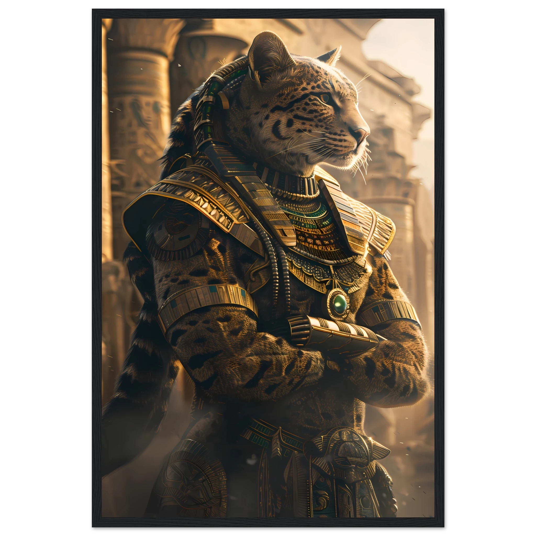 Bengal cat in golden pharaoh headdress amid sandstone columns — Egyptian royal pet art.