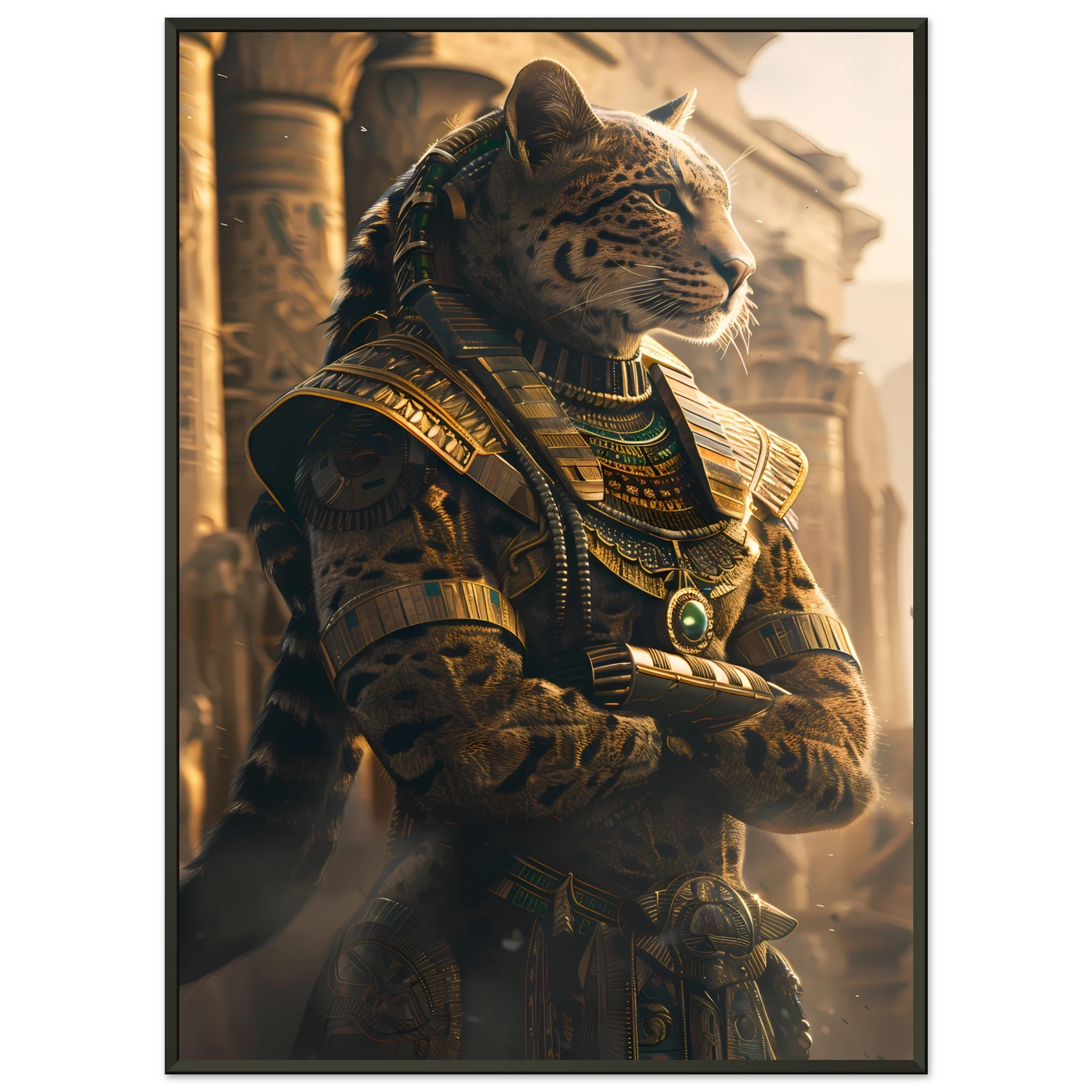 Bengal cat in golden pharaoh headdress amid sandstone columns — Egyptian royal pet art.