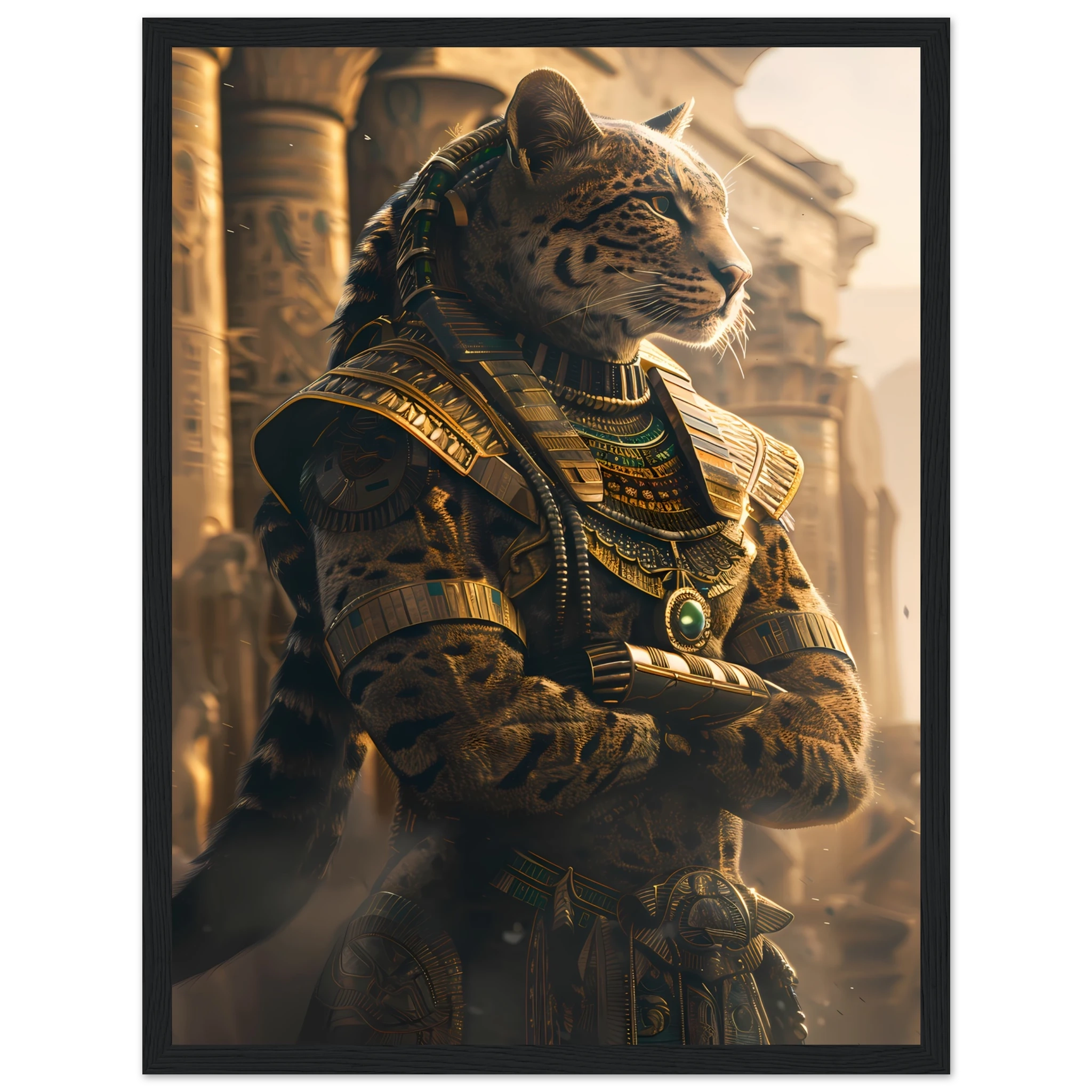 Bengal cat in golden pharaoh headdress amid sandstone columns — Egyptian royal pet art.