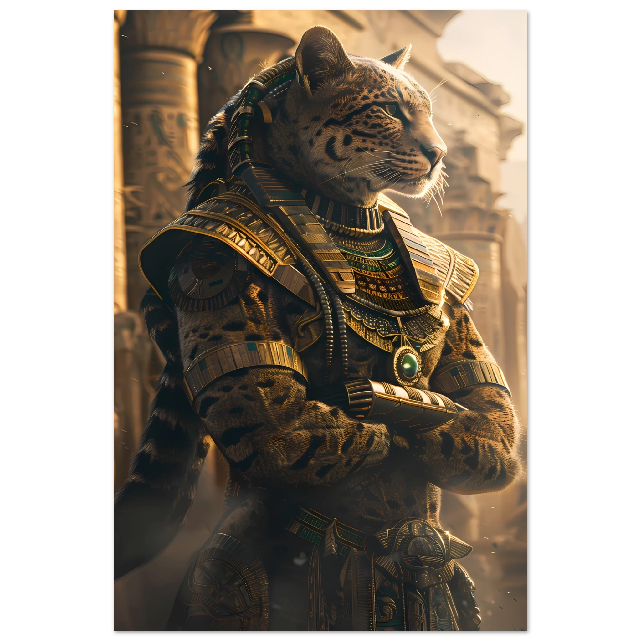 Bengal cat in golden pharaoh headdress amid sandstone columns — Egyptian royal pet art.