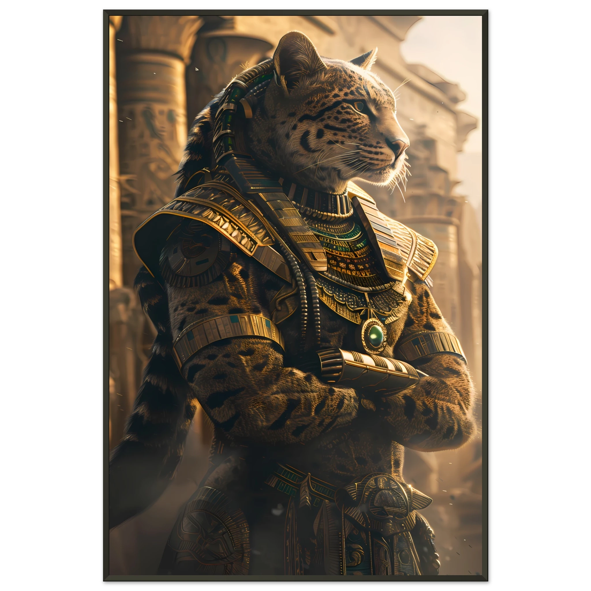 Bengal cat in golden pharaoh headdress amid sandstone columns — Egyptian royal pet art.