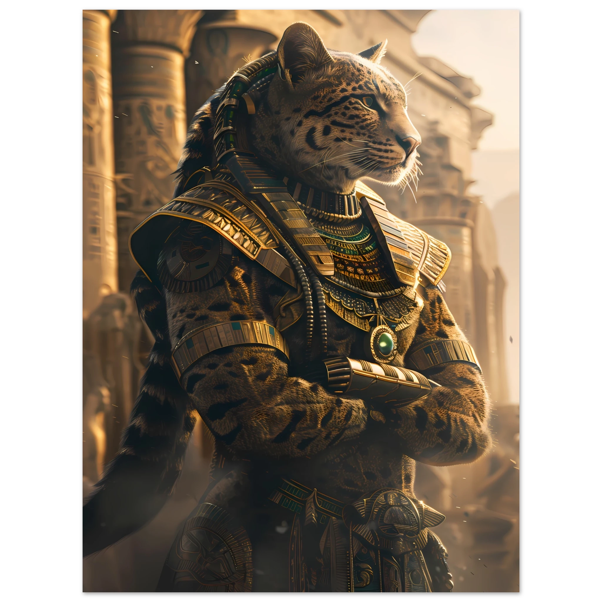 Bengal cat in golden pharaoh headdress amid sandstone columns — Egyptian royal pet art.