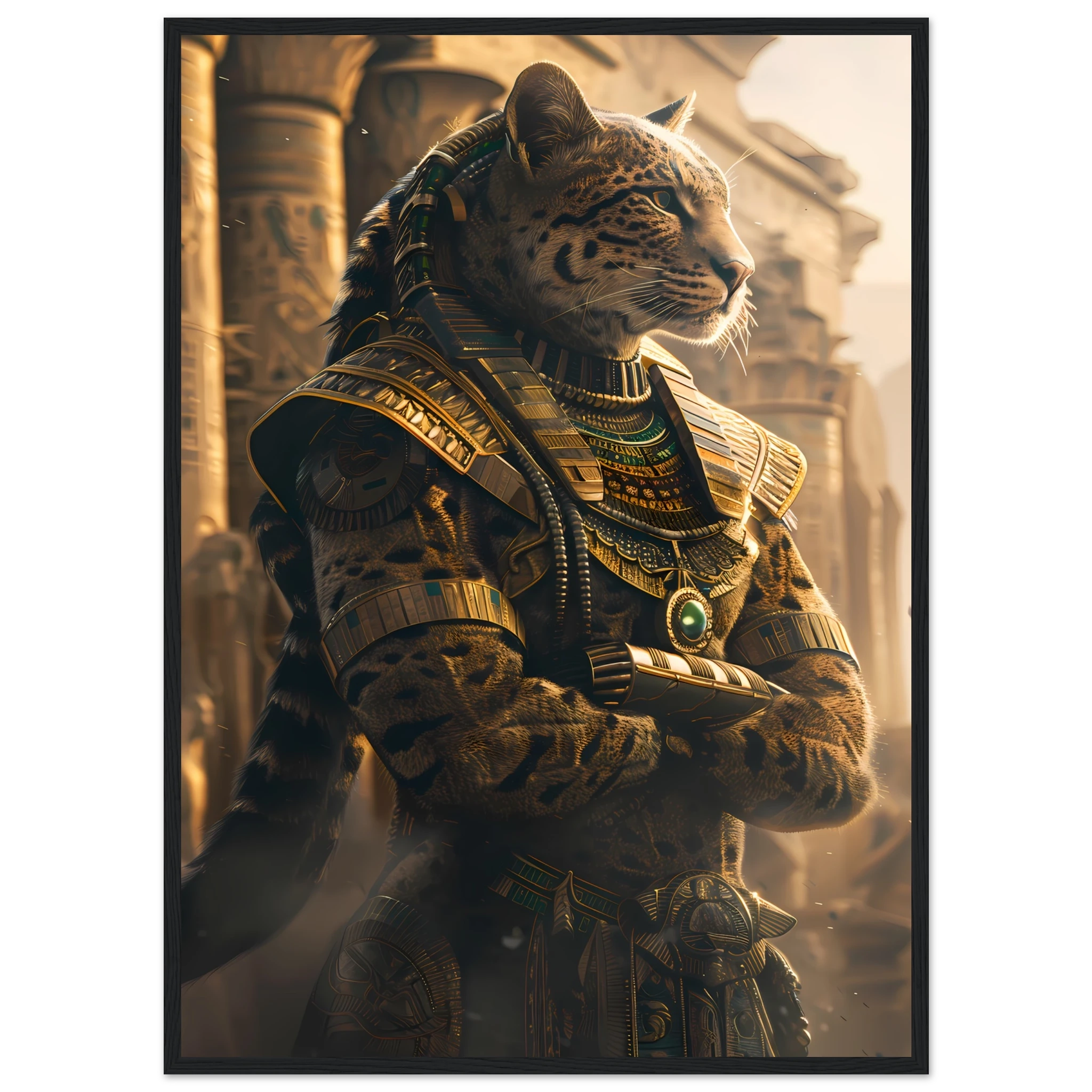 Bengal cat in golden pharaoh headdress amid sandstone columns — Egyptian royal pet art.