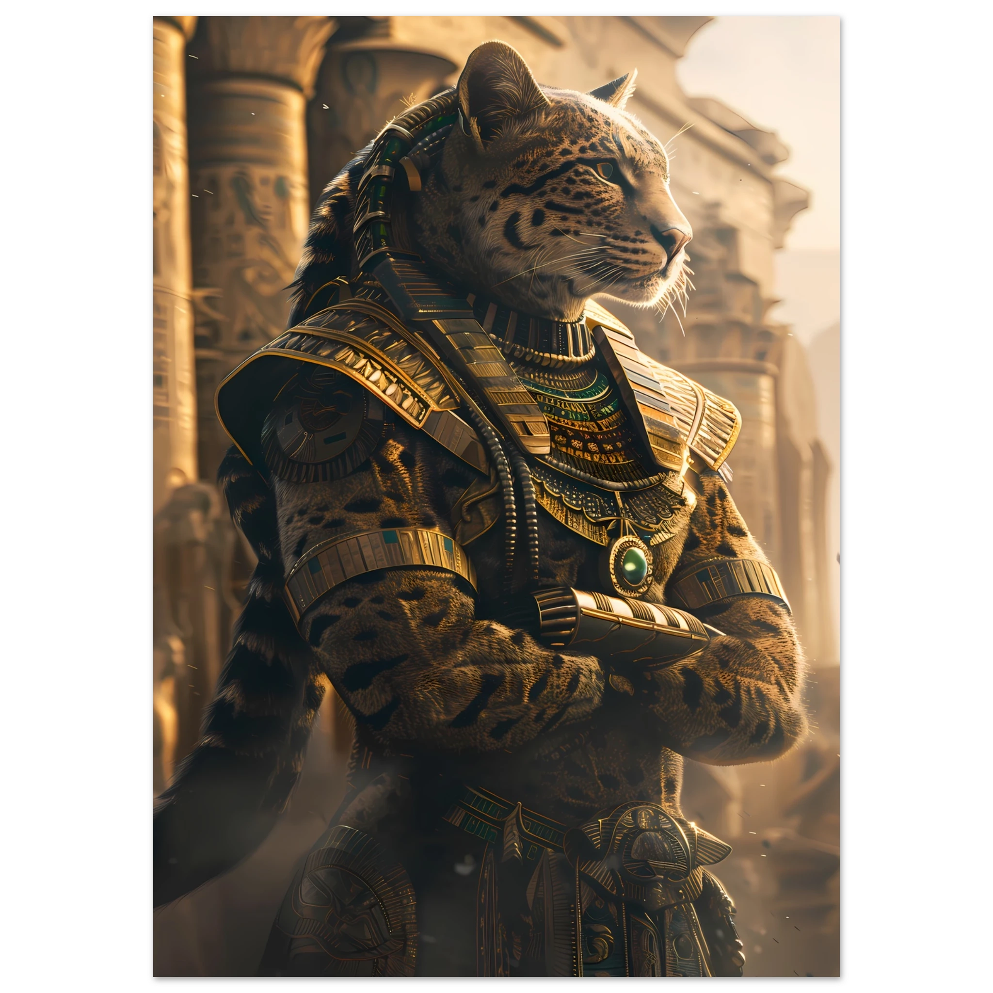 Bengal cat in golden pharaoh headdress amid sandstone columns — Egyptian royal pet art.