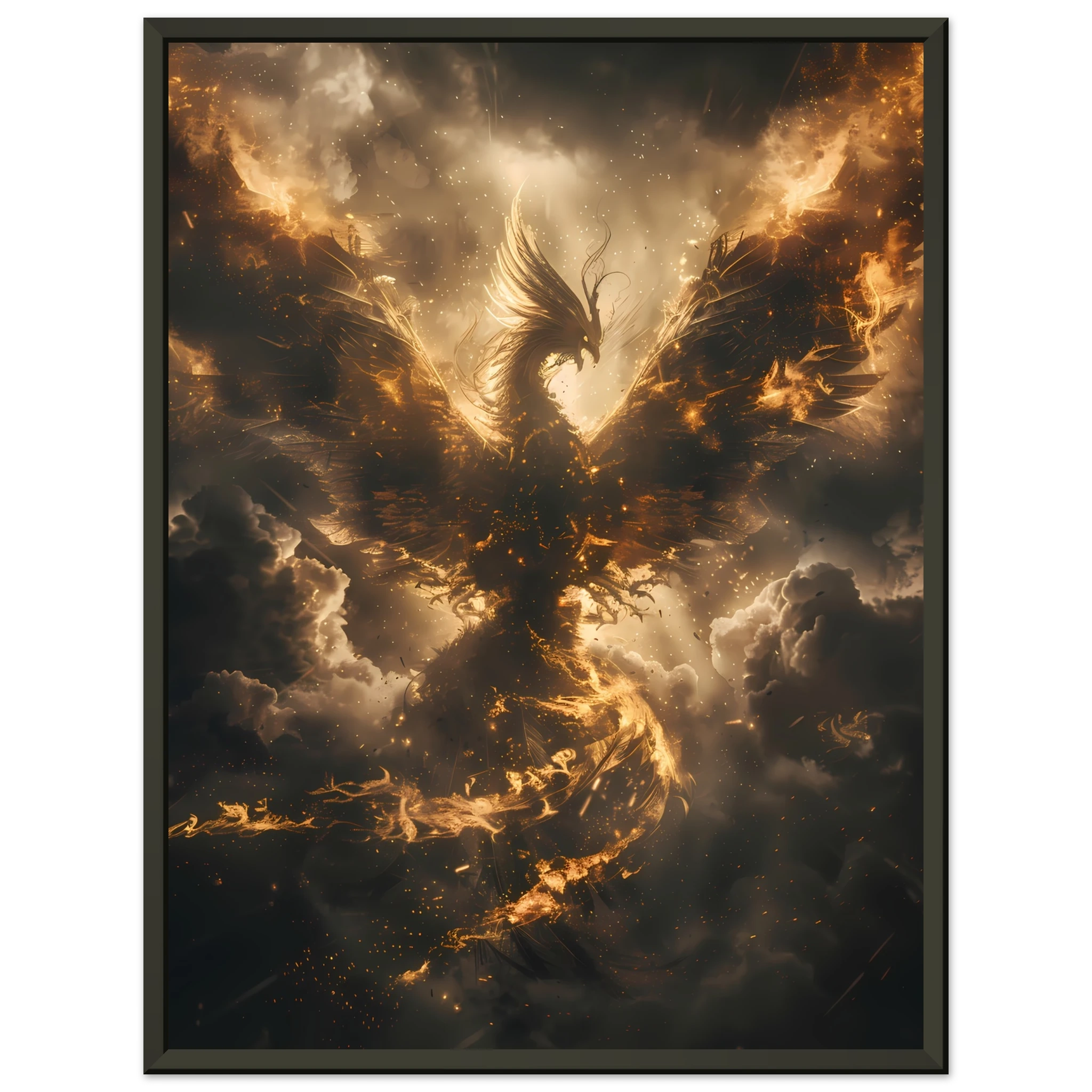 Phoenix rising in glowing fire against storm clouds — mythological rebirth fantasy art print.