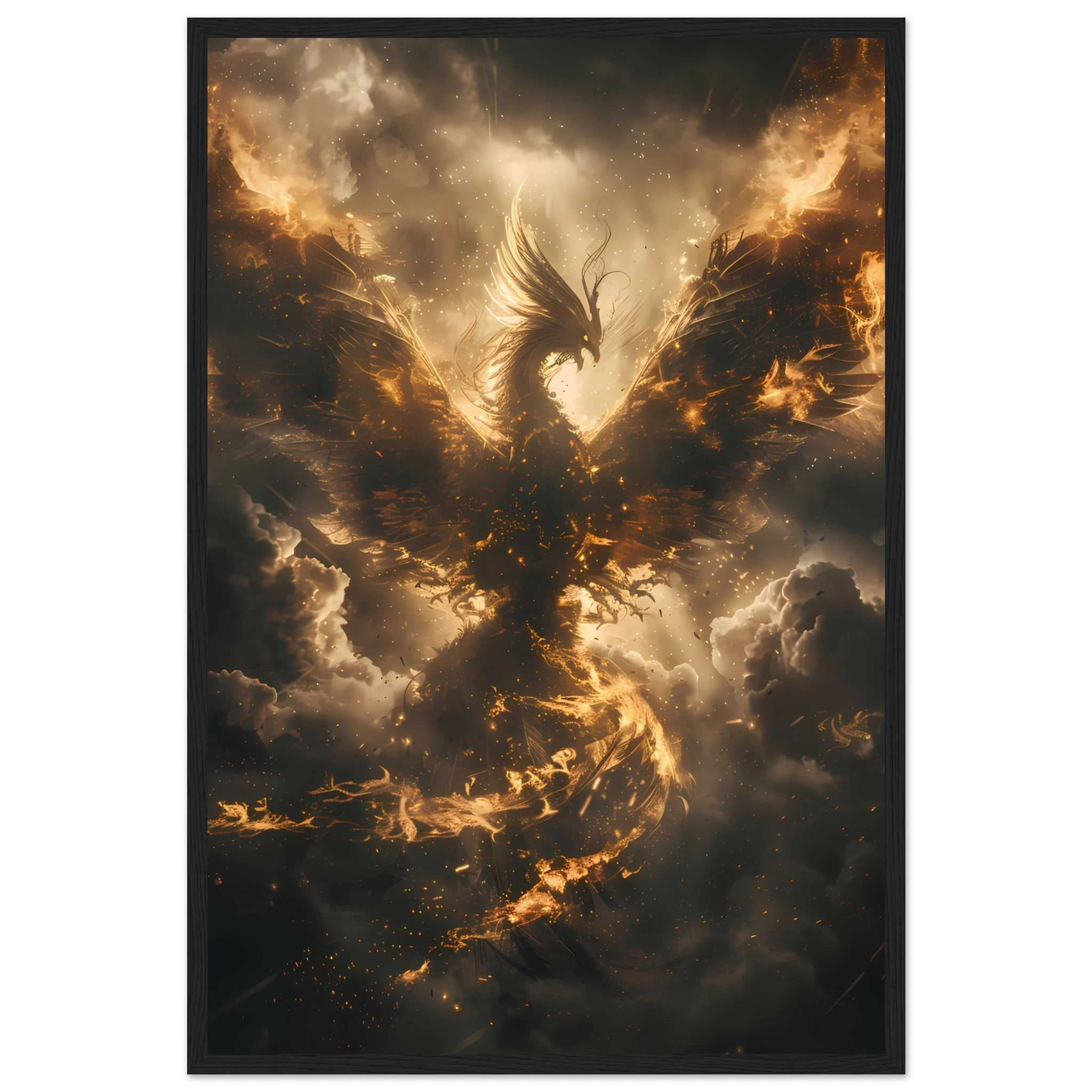 Phoenix rising in glowing fire against storm clouds — mythological rebirth fantasy art print.