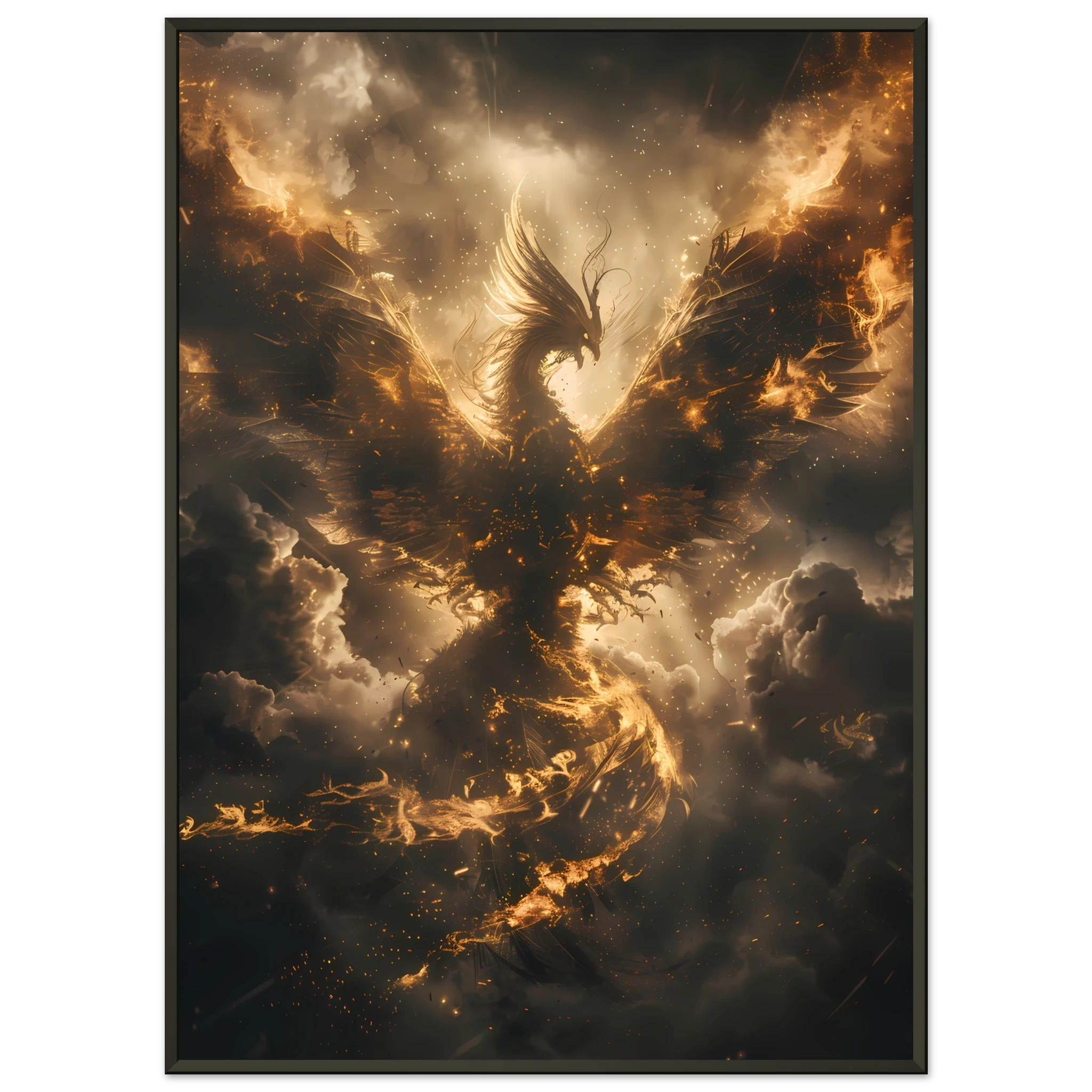 Phoenix rising in glowing fire against storm clouds — mythological rebirth fantasy art print.