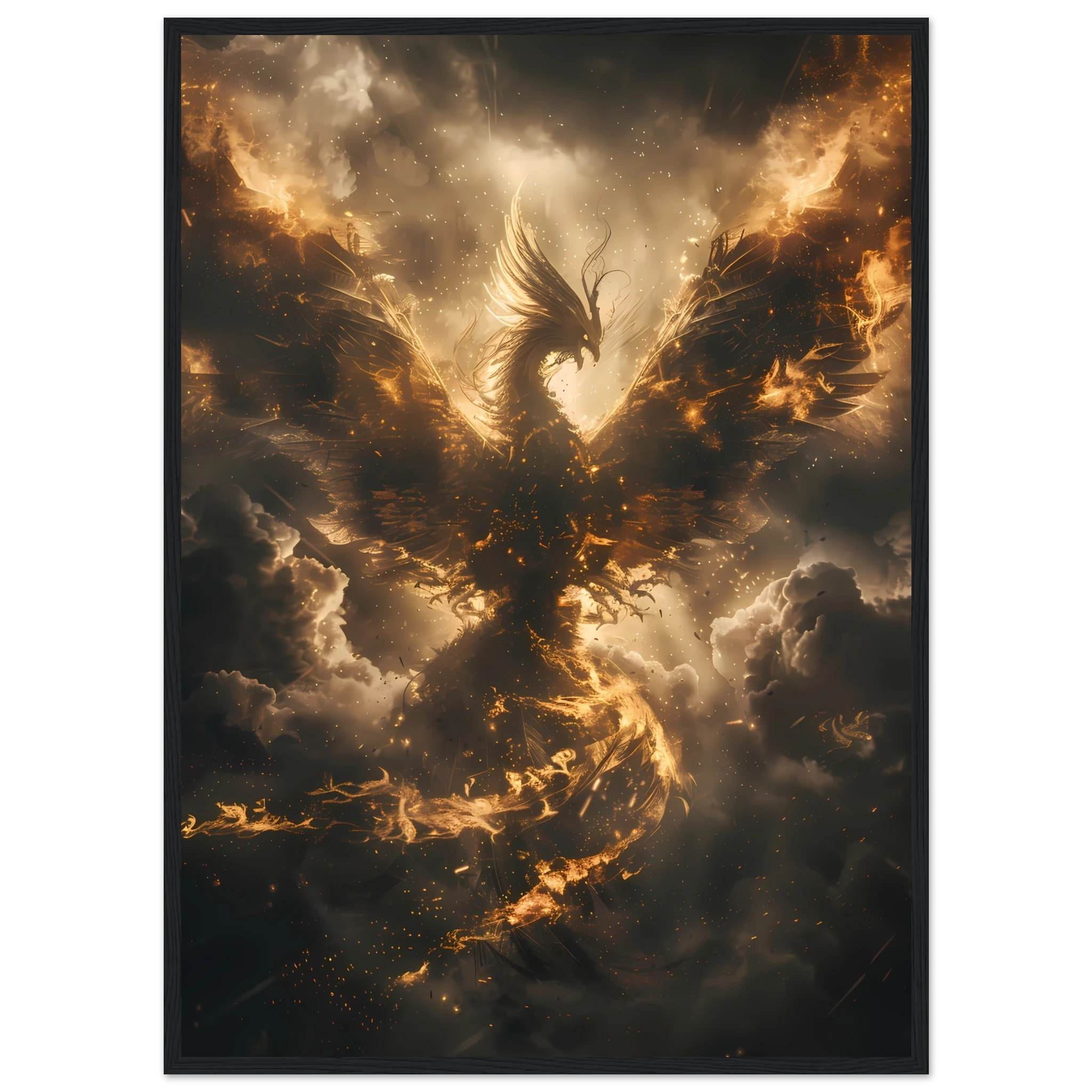 Phoenix rising in glowing fire against storm clouds — mythological rebirth fantasy art print.