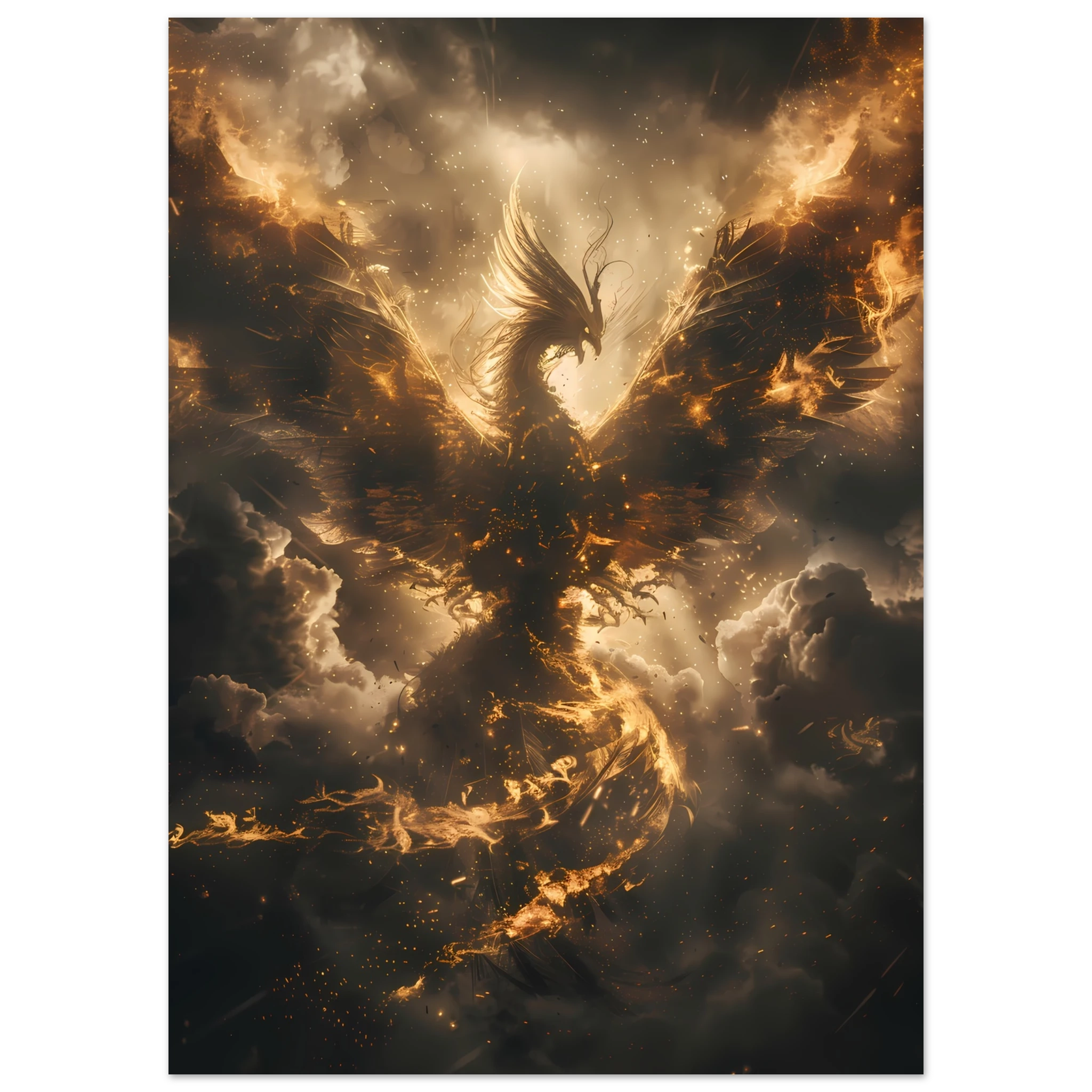 Phoenix rising in glowing fire against storm clouds — mythological rebirth fantasy art print.