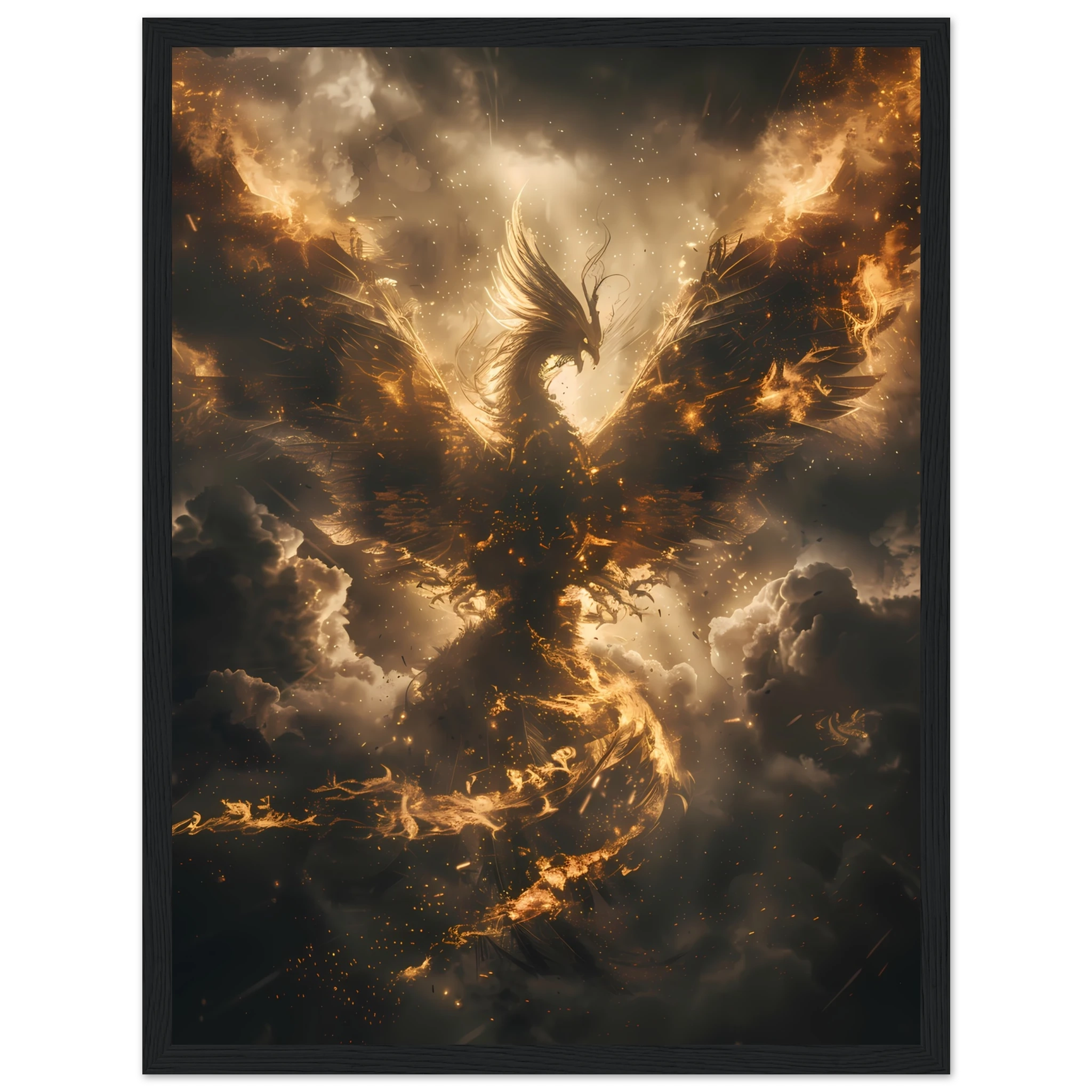 Phoenix rising in glowing fire against storm clouds — mythological rebirth fantasy art print.
