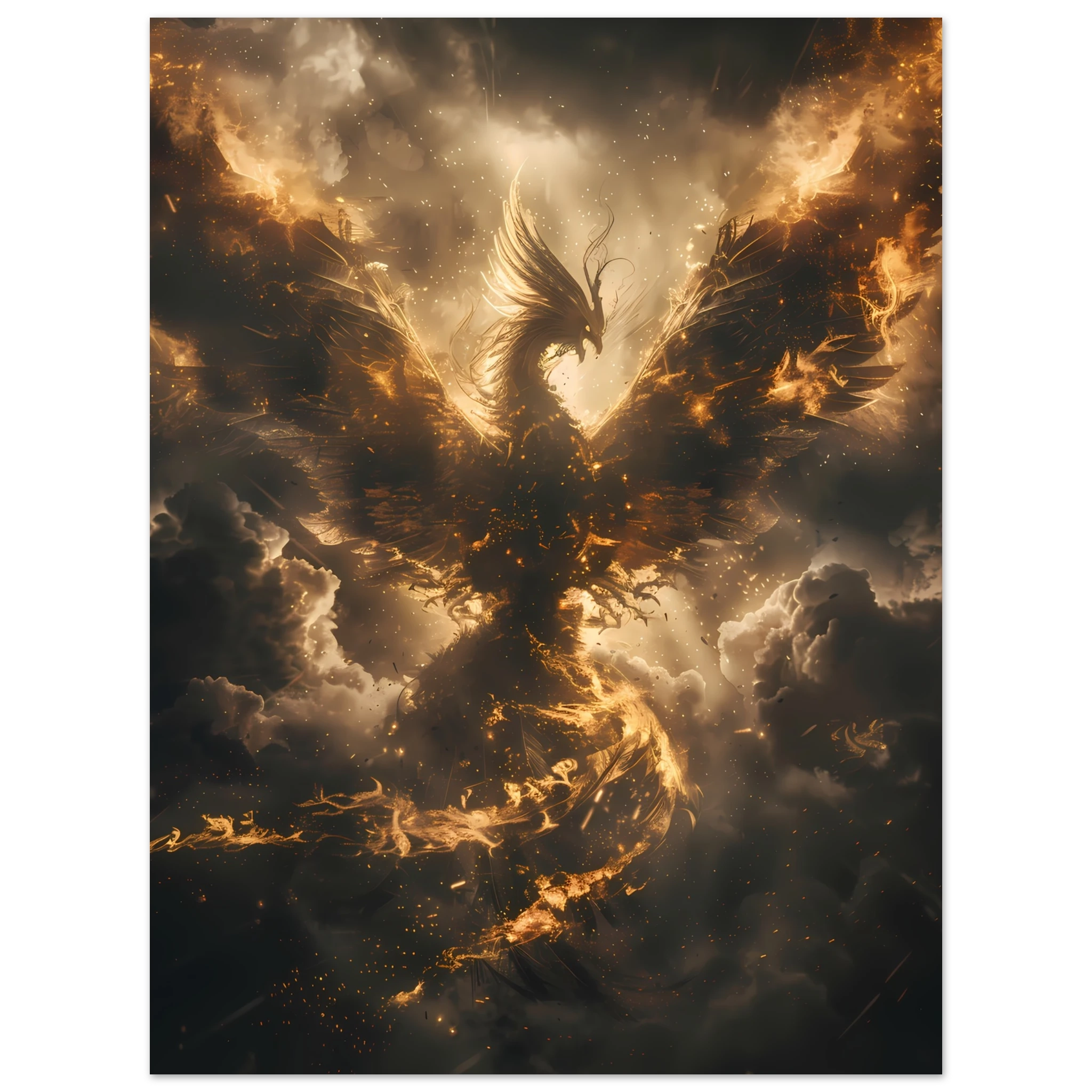 Phoenix rising in glowing fire against storm clouds — mythological rebirth fantasy art print.