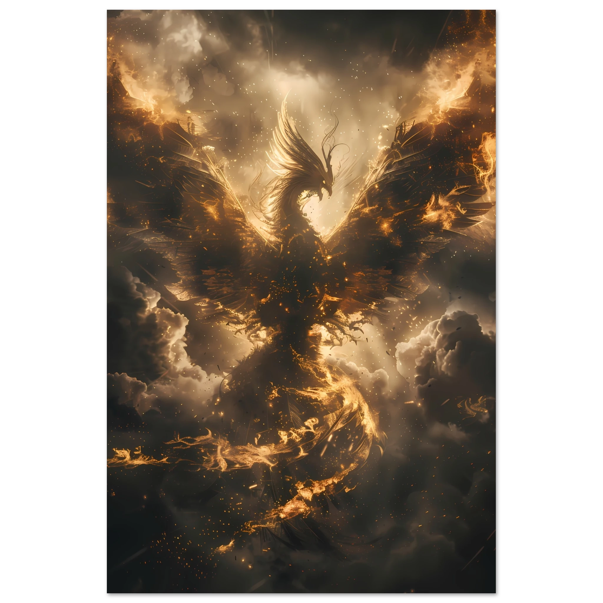 Phoenix rising in glowing fire against storm clouds — mythological rebirth fantasy art print.