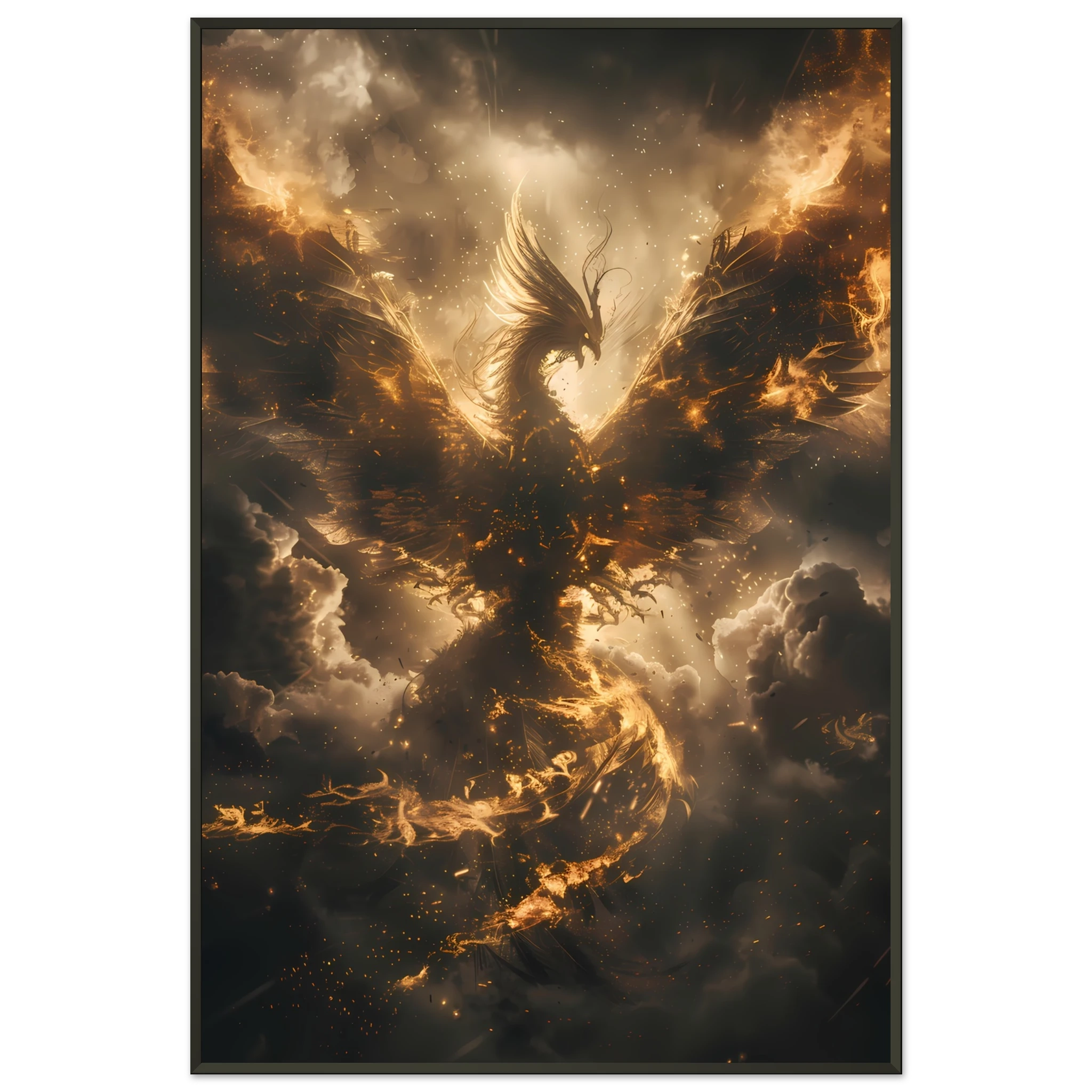Phoenix rising in glowing fire against storm clouds — mythological rebirth fantasy art print.