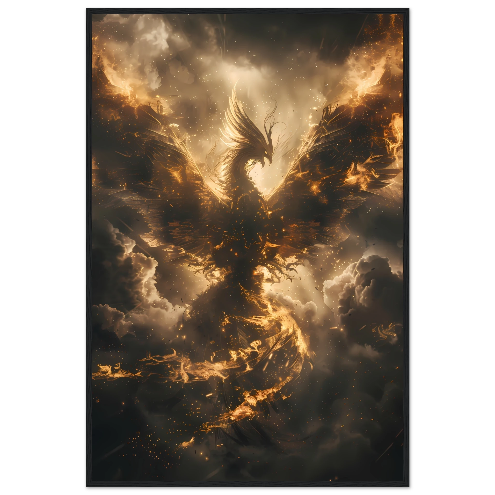 Phoenix rising in glowing fire against storm clouds — mythological rebirth fantasy art print.