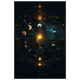 Glowing planets arranged in a symmetrical mandala orbit with jewel-tone highlights — sacred cosmic wall print.