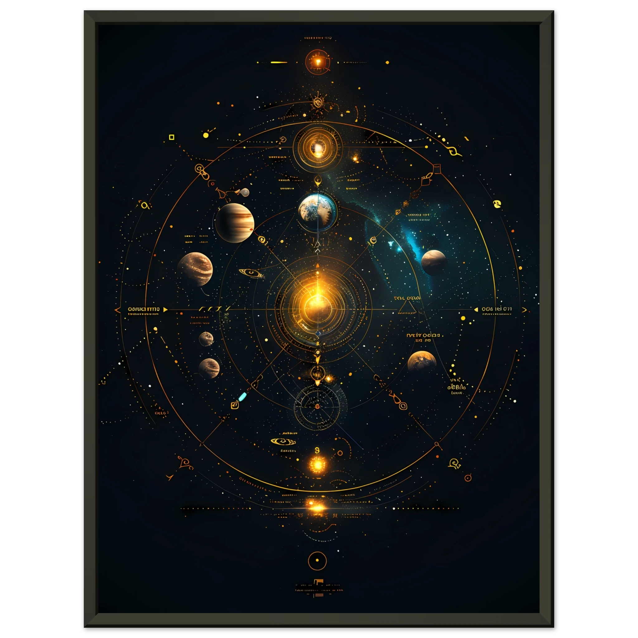 Glowing planets arranged in a symmetrical mandala orbit with jewel-tone highlights — sacred cosmic wall print.