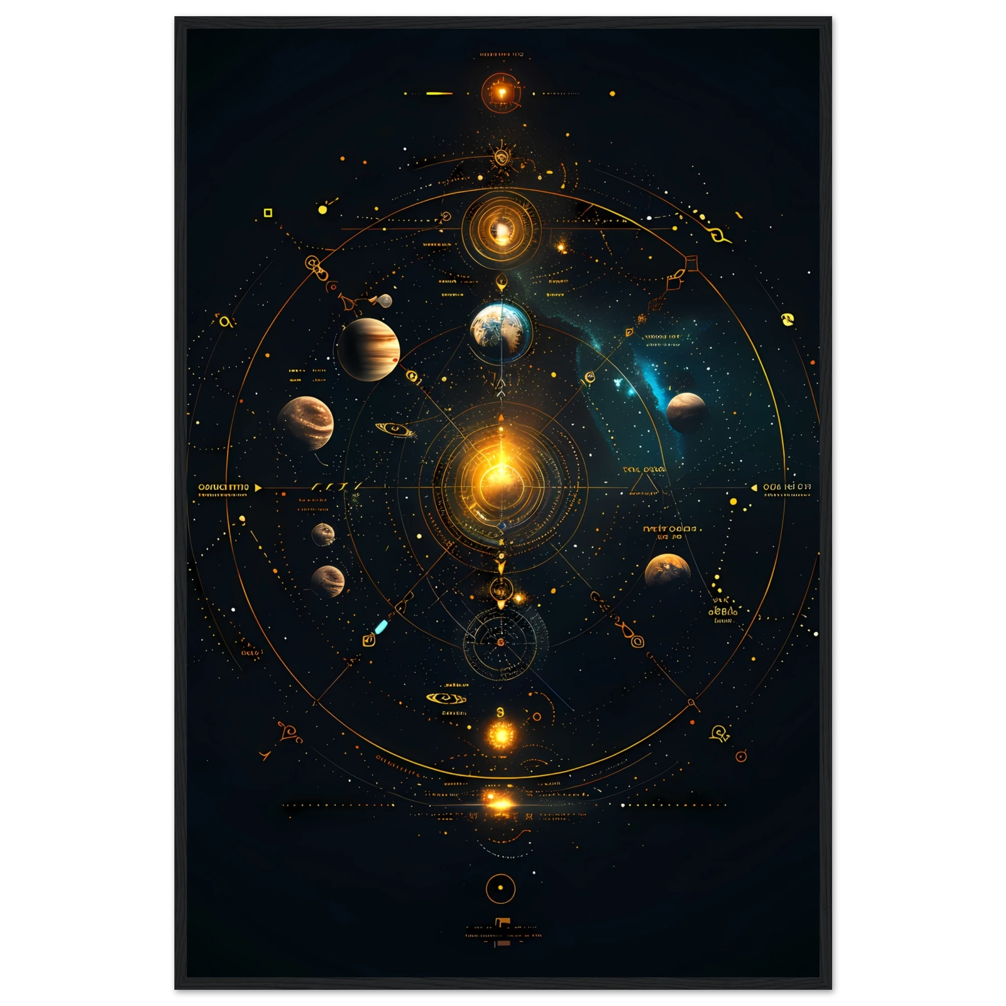 Glowing planets arranged in a symmetrical mandala orbit with jewel-tone highlights — sacred cosmic wall print.