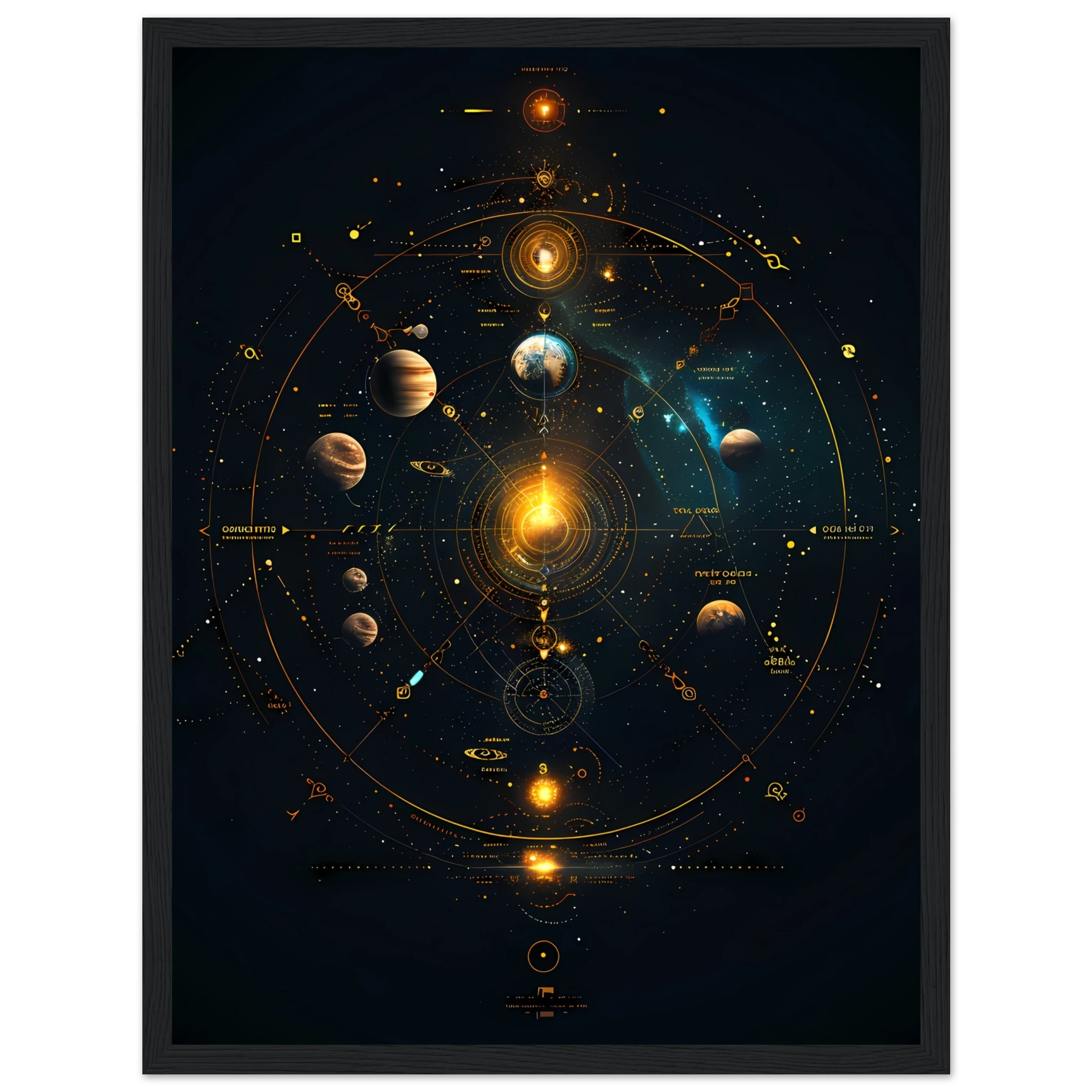 Glowing planets arranged in a symmetrical mandala orbit with jewel-tone highlights — sacred cosmic wall print.