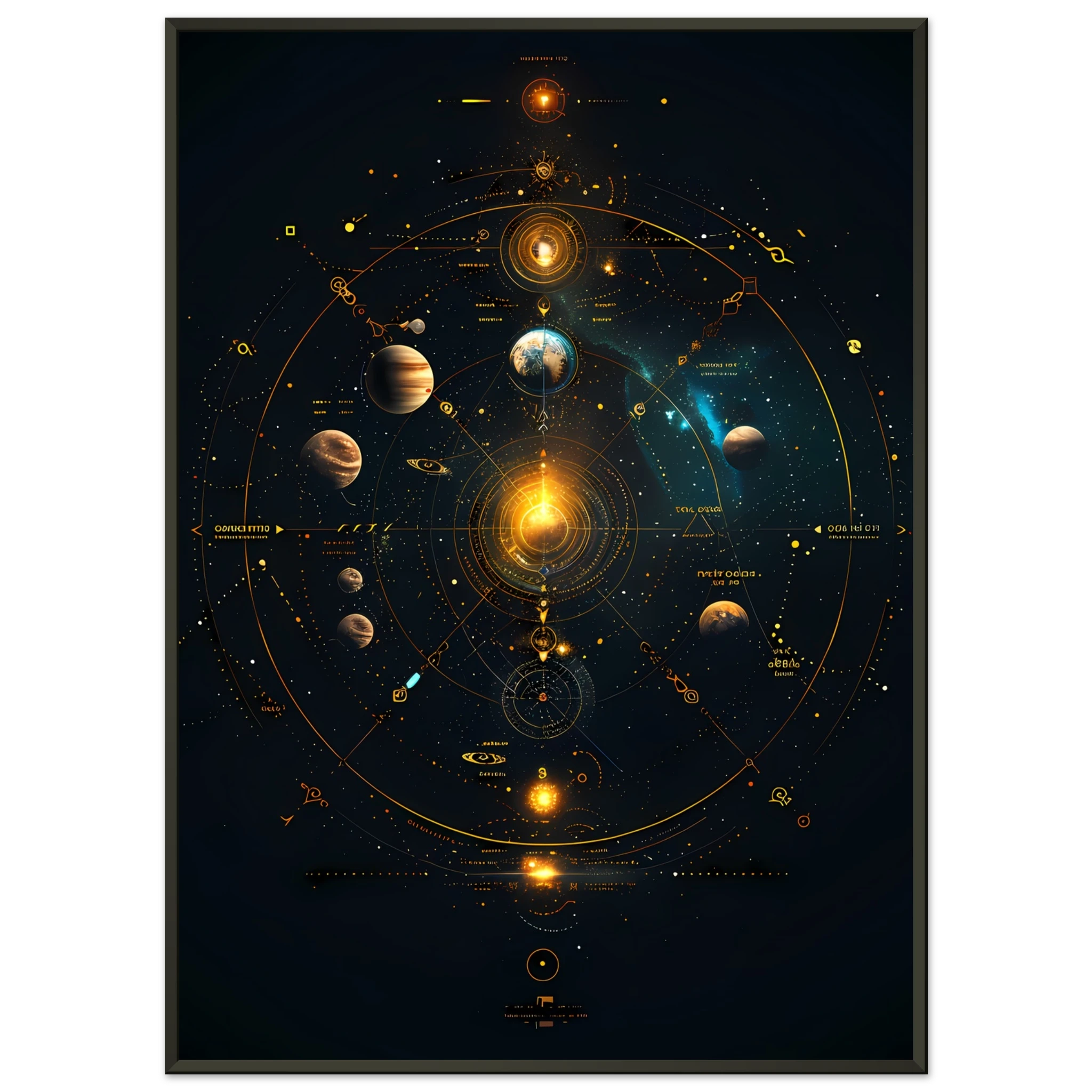 Glowing planets arranged in a symmetrical mandala orbit with jewel-tone highlights — sacred cosmic wall print.