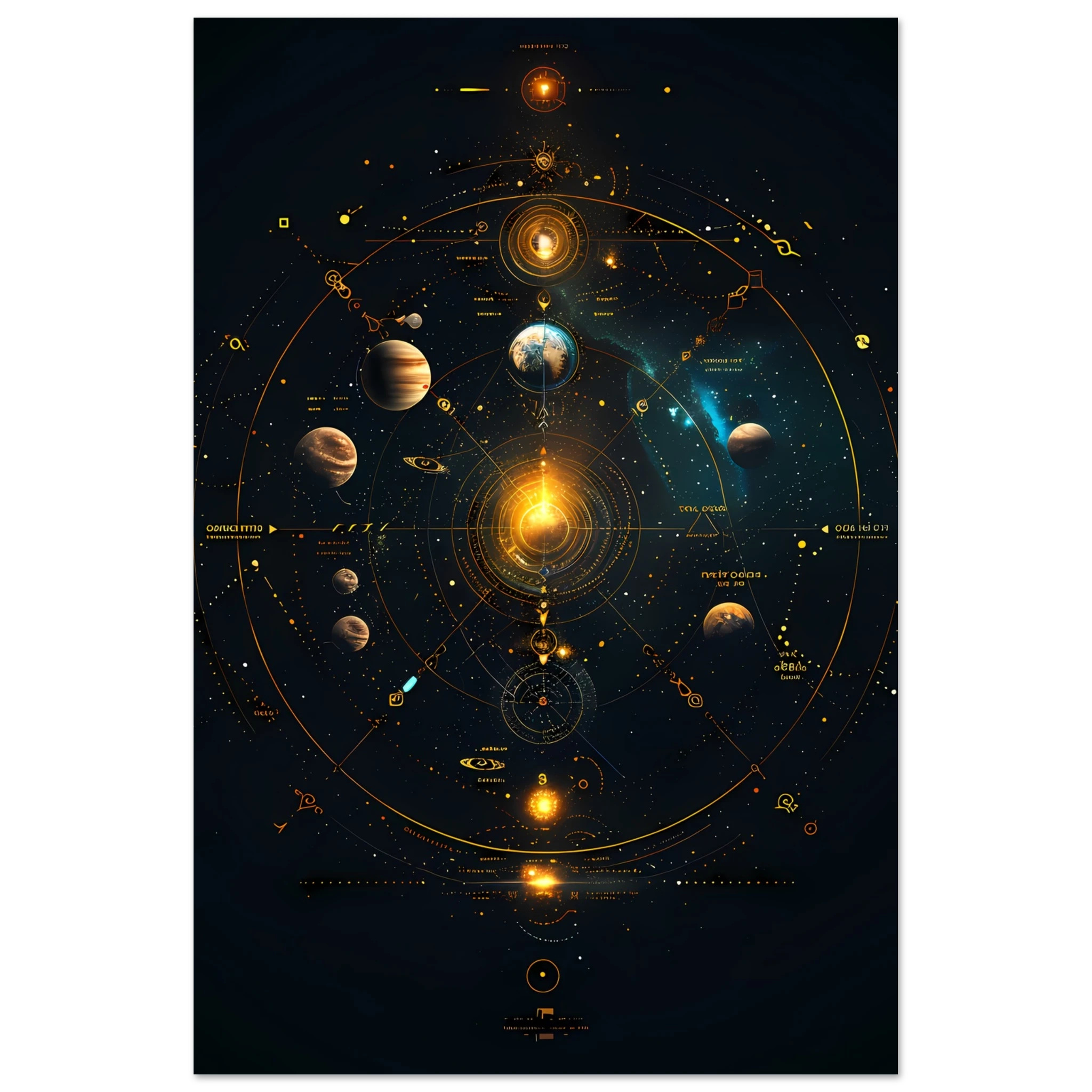 Glowing planets arranged in a symmetrical mandala orbit with jewel-tone highlights — sacred cosmic wall print.