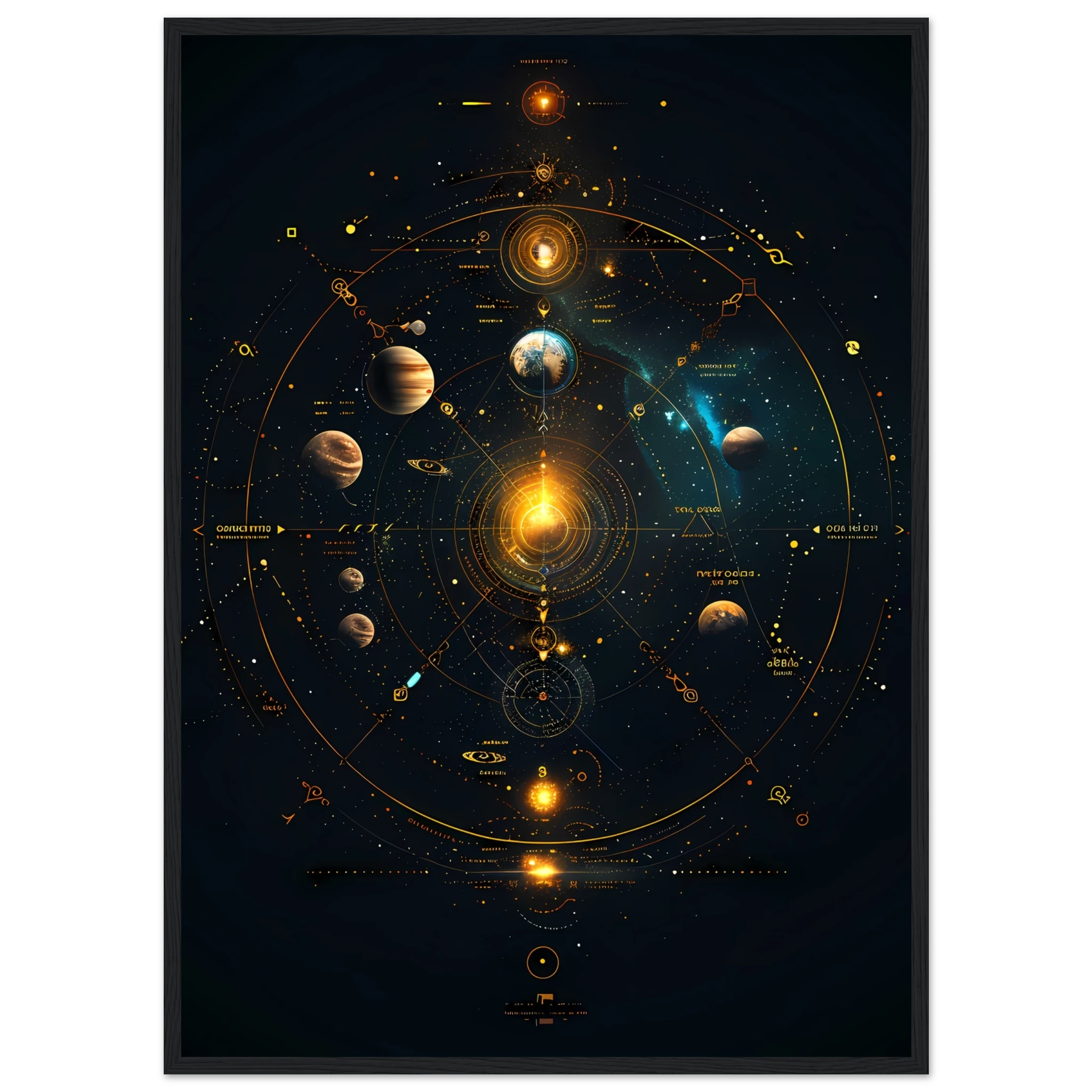 Glowing planets arranged in a symmetrical mandala orbit with jewel-tone highlights — sacred cosmic wall print.