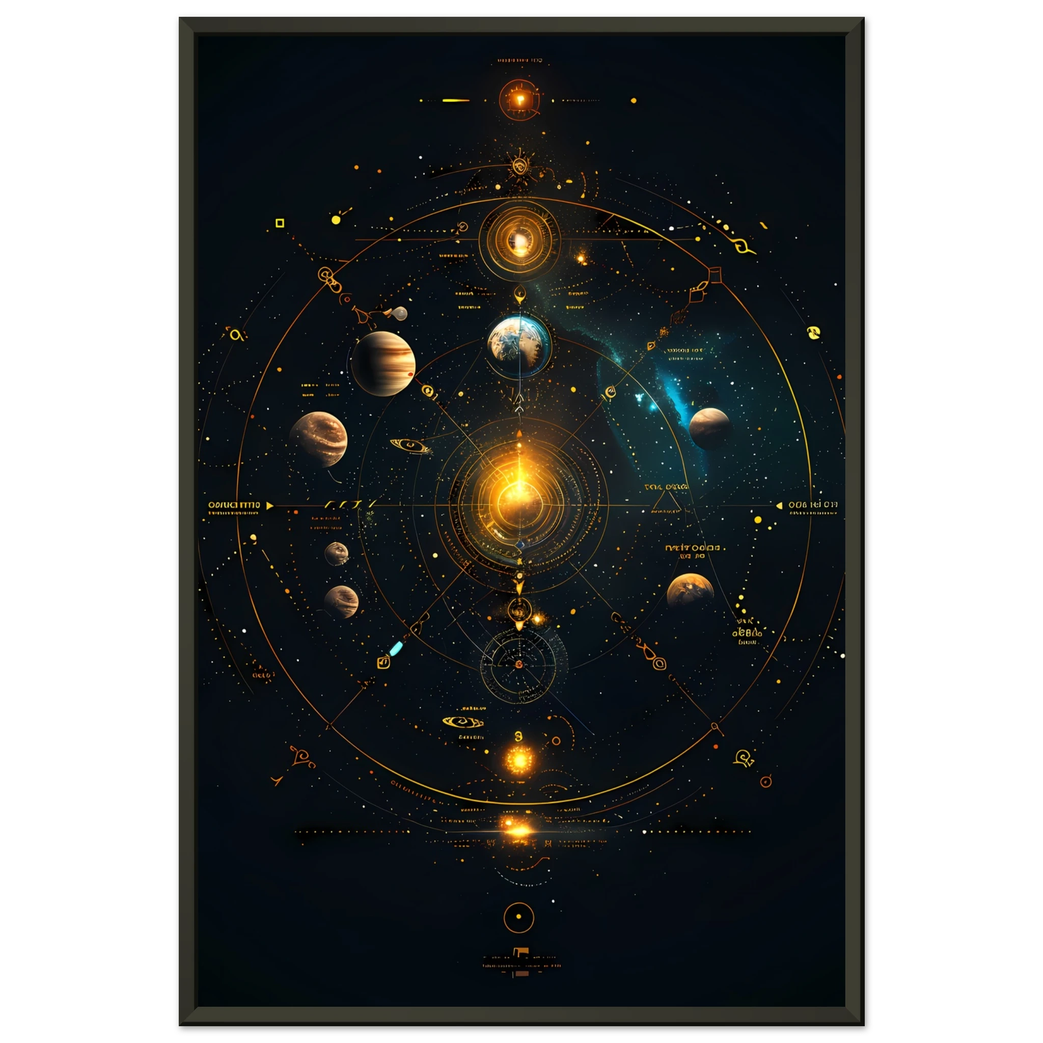 Glowing planets arranged in a symmetrical mandala orbit with jewel-tone highlights — sacred cosmic wall print.