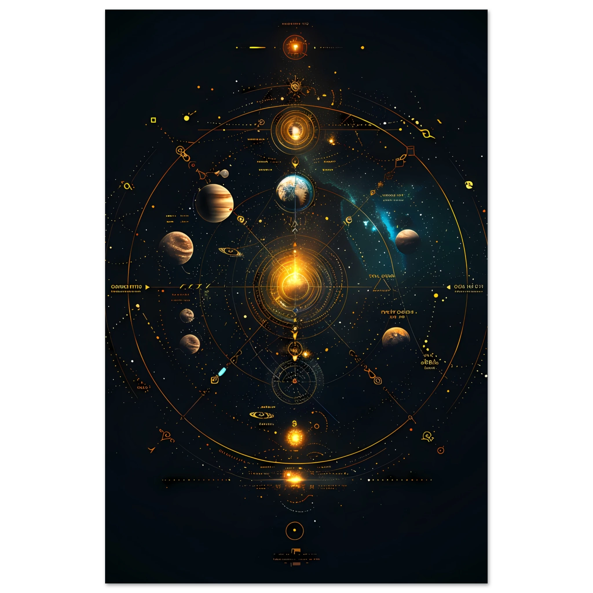 Glowing planets arranged in a symmetrical mandala orbit with jewel-tone highlights — sacred cosmic wall print.