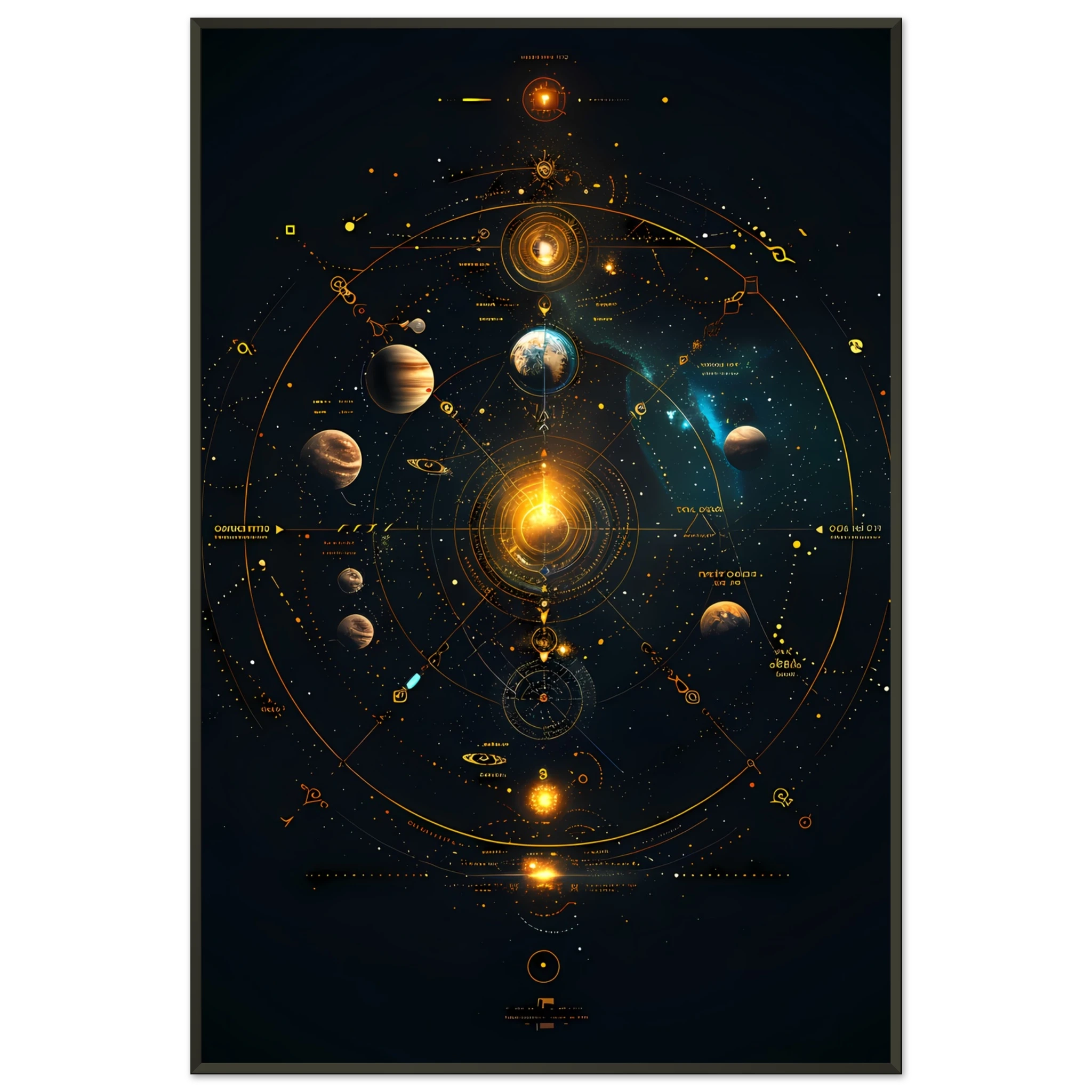 Glowing planets arranged in a symmetrical mandala orbit with jewel-tone highlights — sacred cosmic wall print.