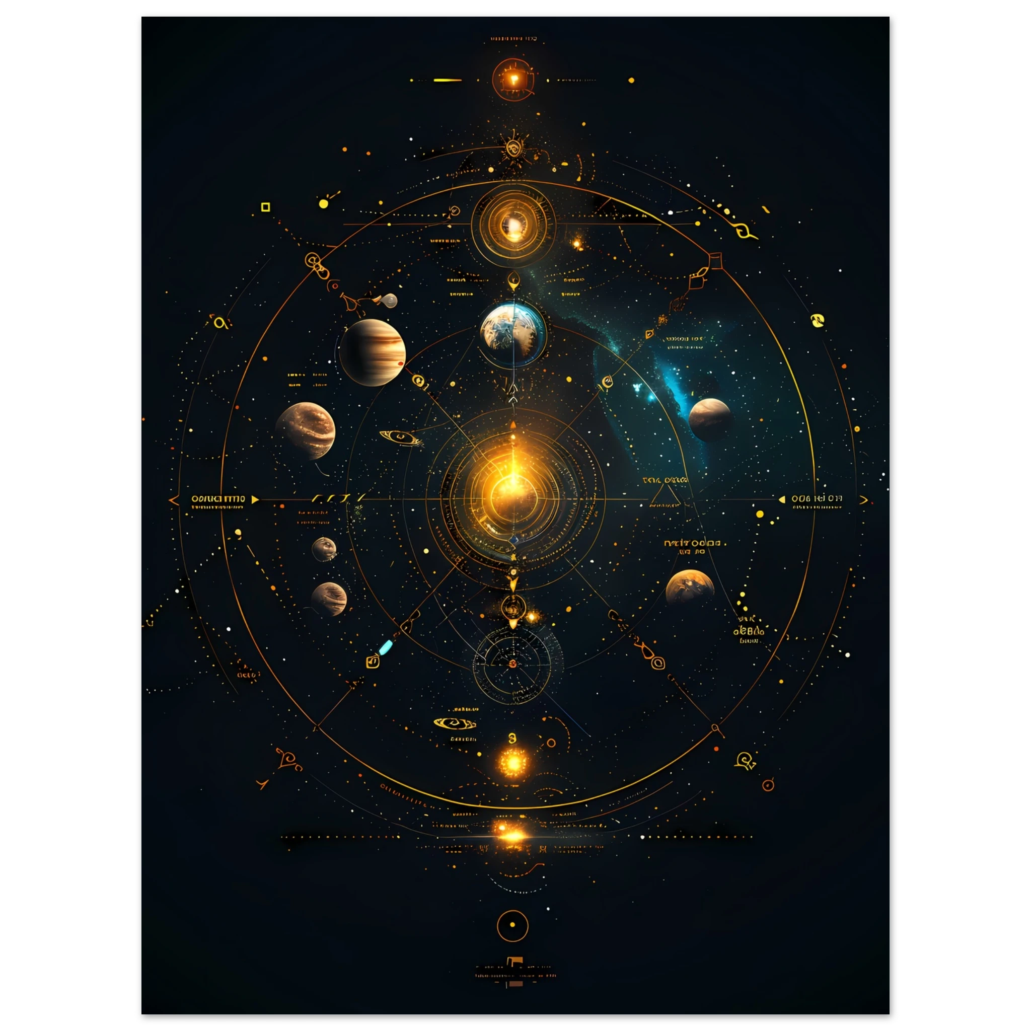 Glowing planets arranged in a symmetrical mandala orbit with jewel-tone highlights — sacred cosmic wall print.