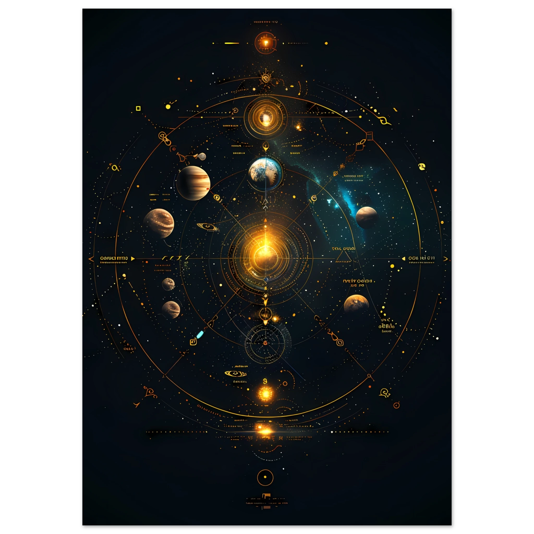 Glowing planets arranged in a symmetrical mandala orbit with jewel-tone highlights — sacred cosmic wall print.