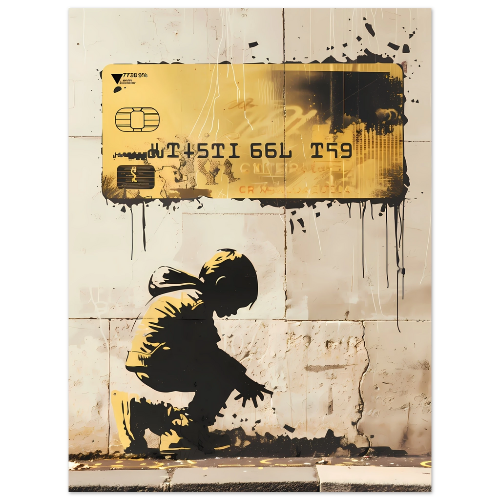 Child kneeling before credit card — modern Banksy inspired comment on consumerism.