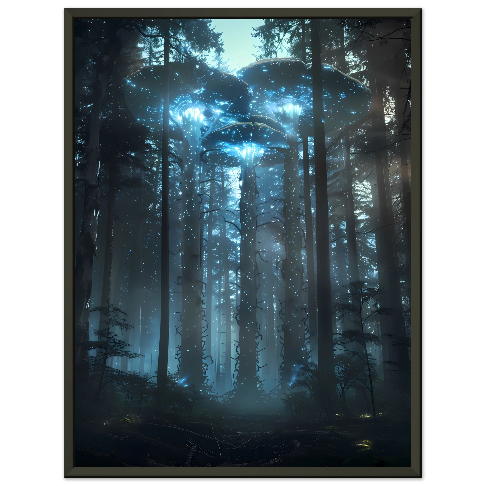Neon mushroom forest glowing with rainbow light — surreal botanical fantasy print.