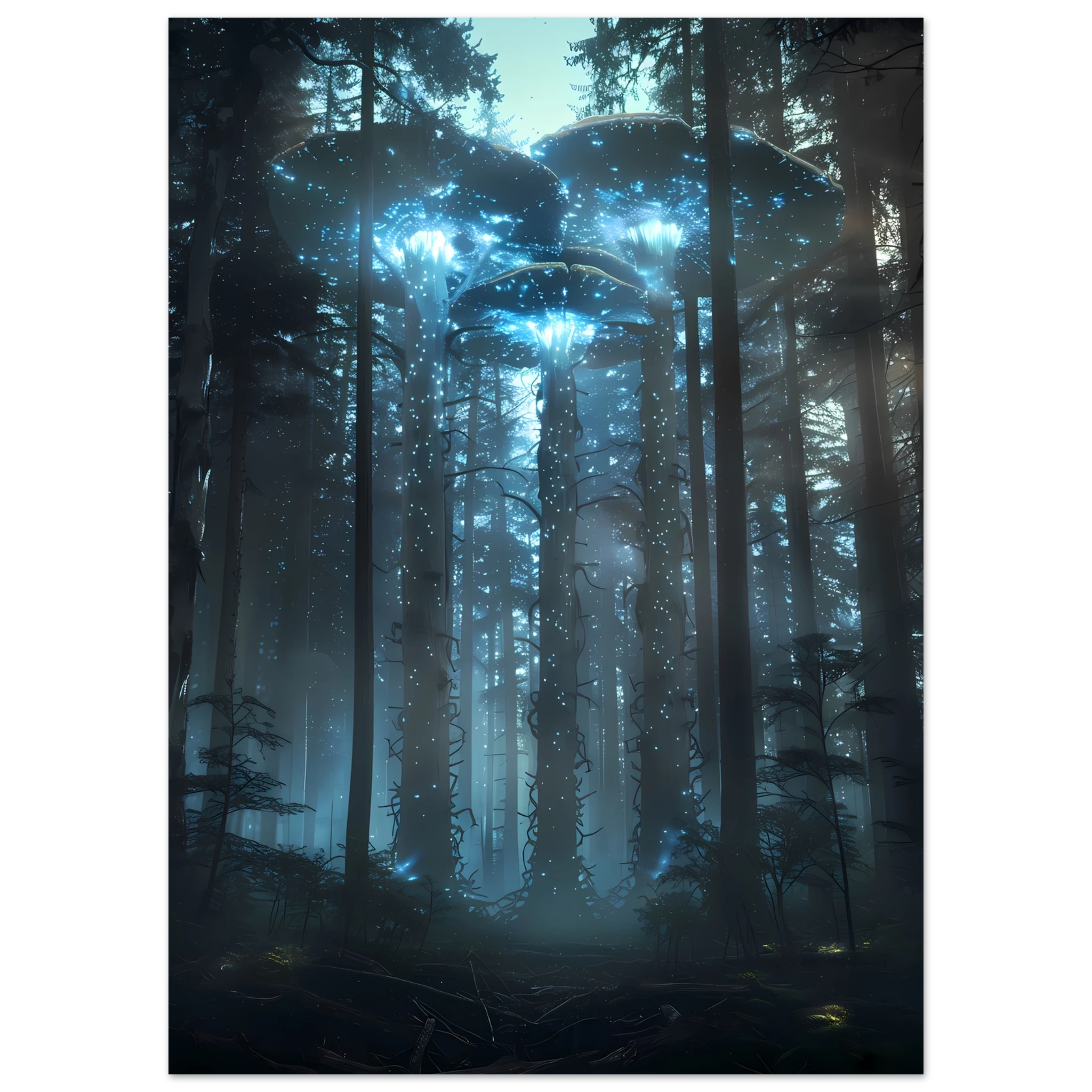 Neon mushroom forest glowing with rainbow light — surreal botanical fantasy print.