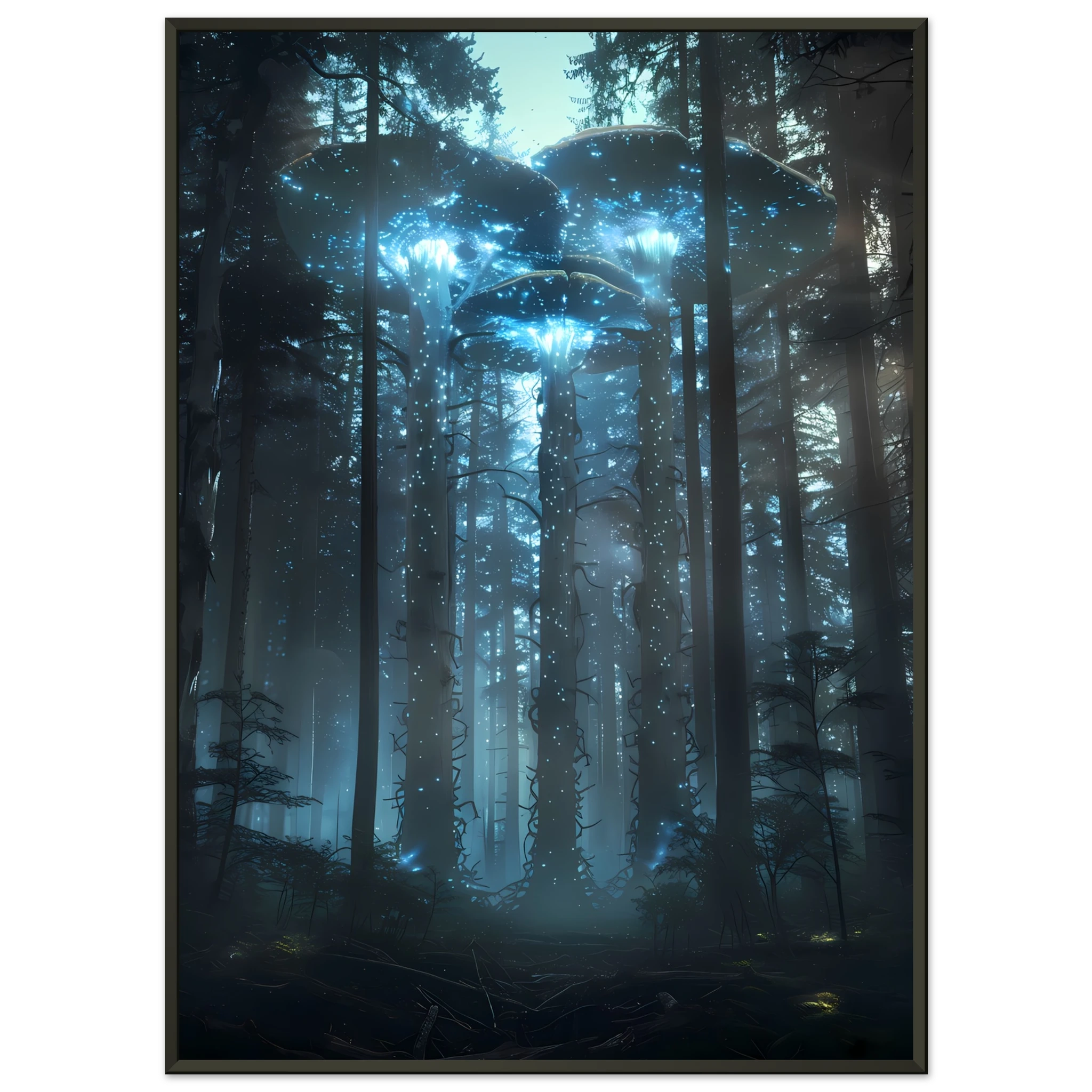 Neon mushroom forest glowing with rainbow light — surreal botanical fantasy print.