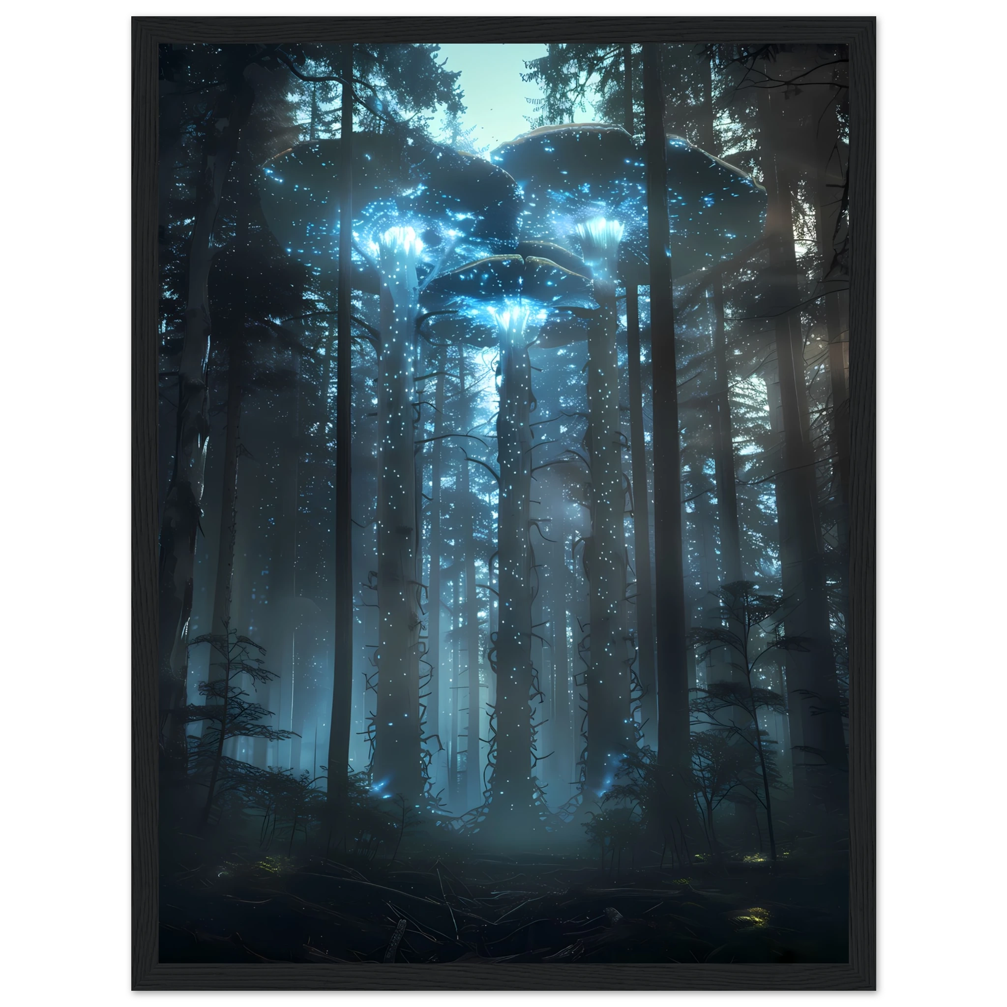 Neon mushroom forest glowing with rainbow light — surreal botanical fantasy print.