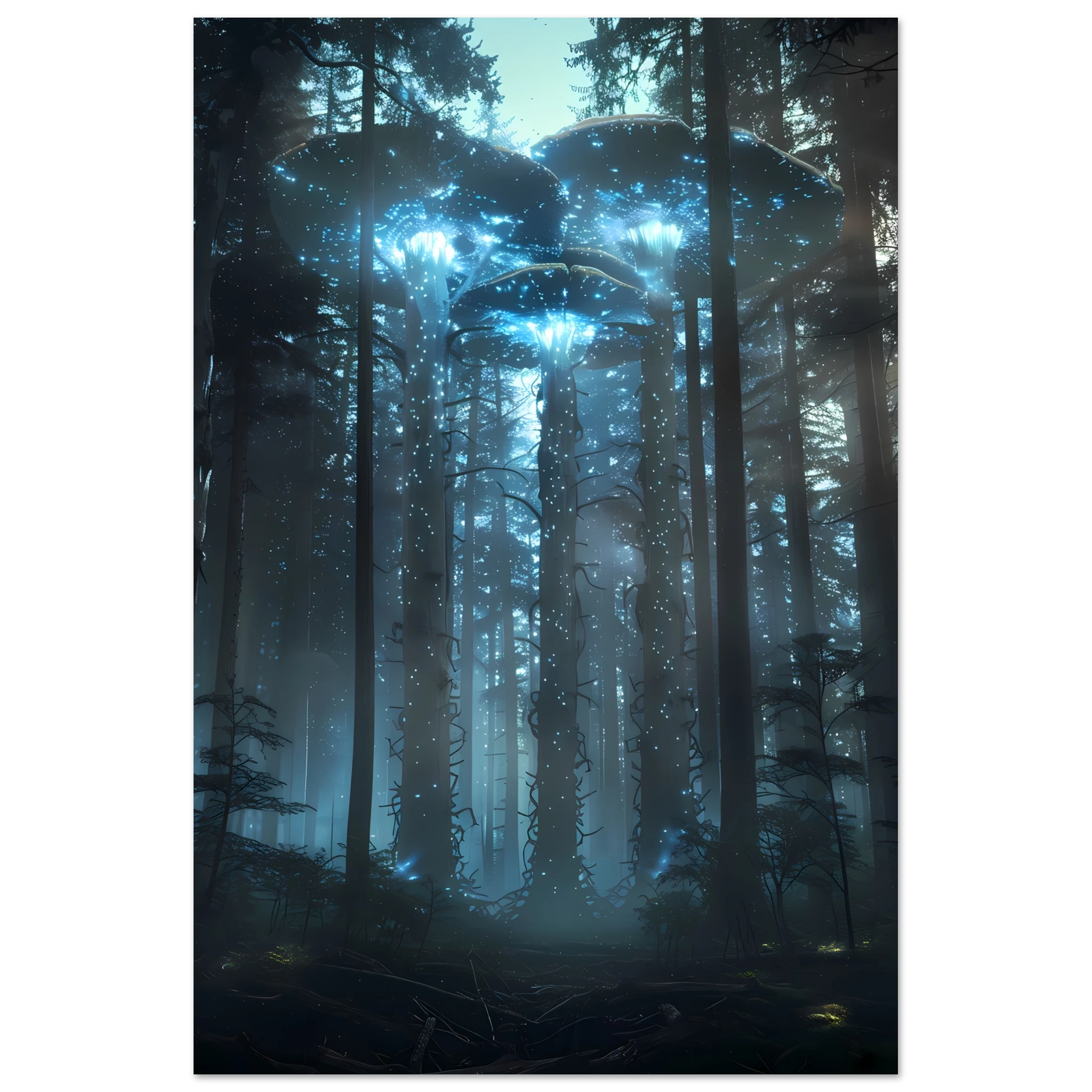 Neon mushroom forest glowing with rainbow light — surreal botanical fantasy print.