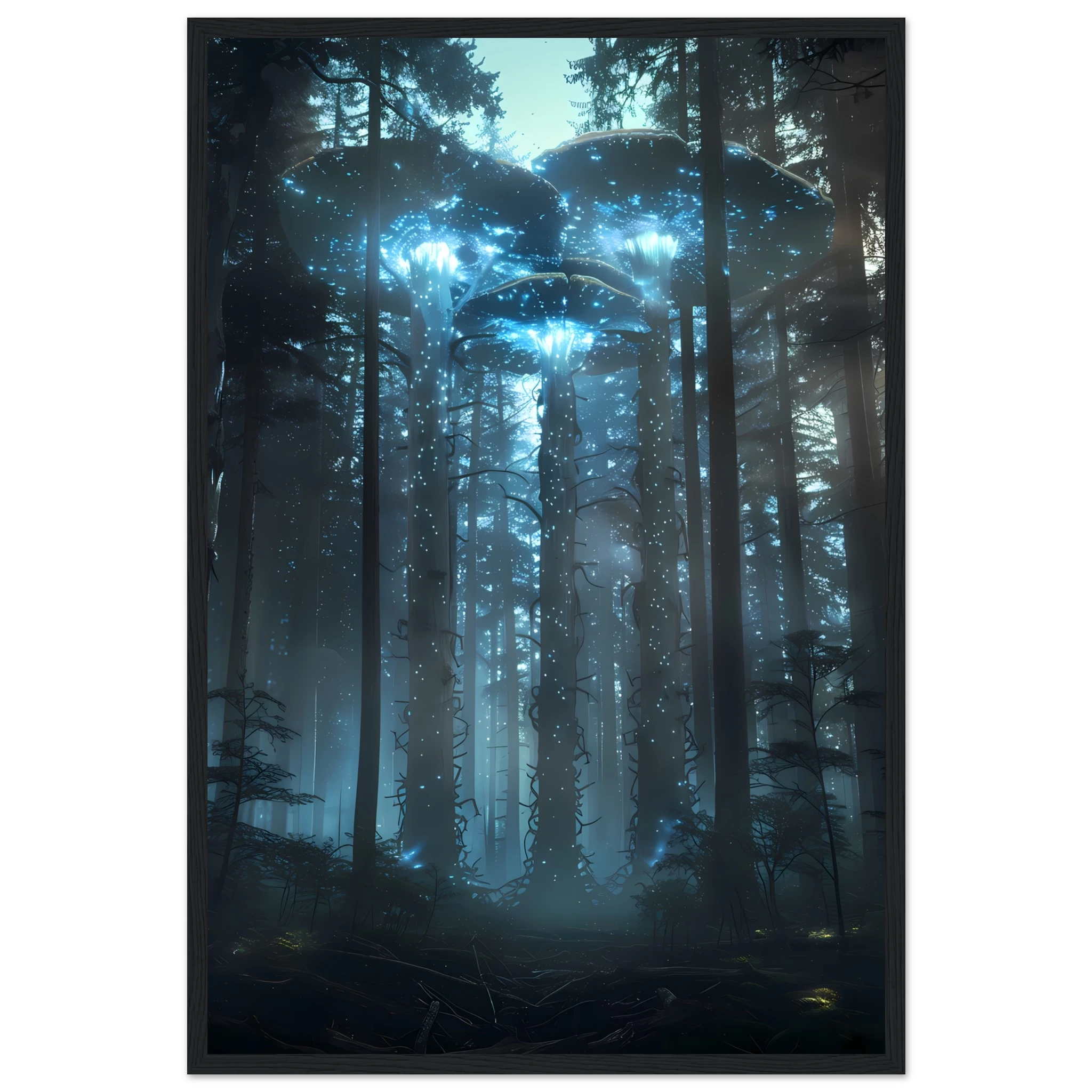 Neon mushroom forest glowing with rainbow light — surreal botanical fantasy print.