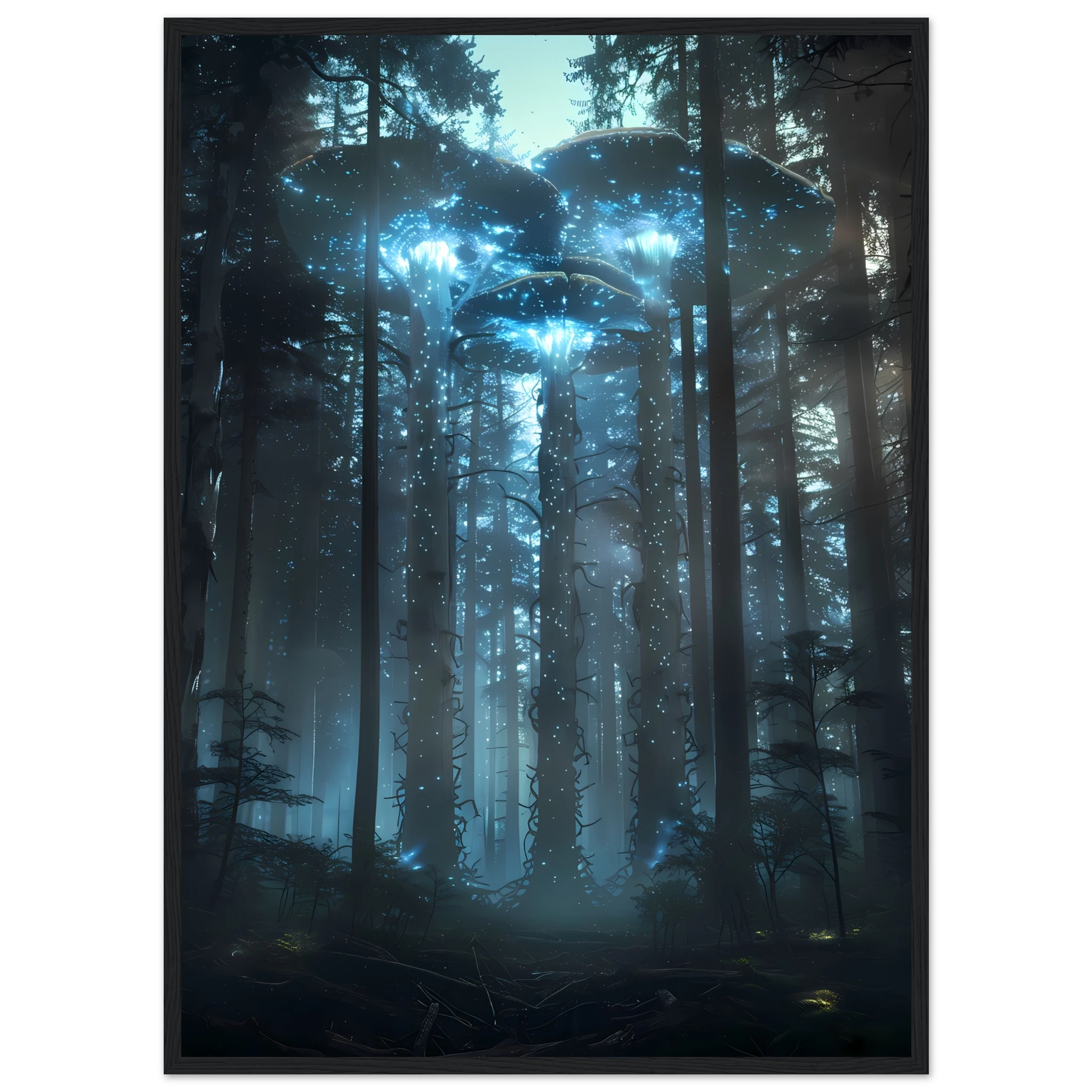 Neon mushroom forest glowing with rainbow light — surreal botanical fantasy print.