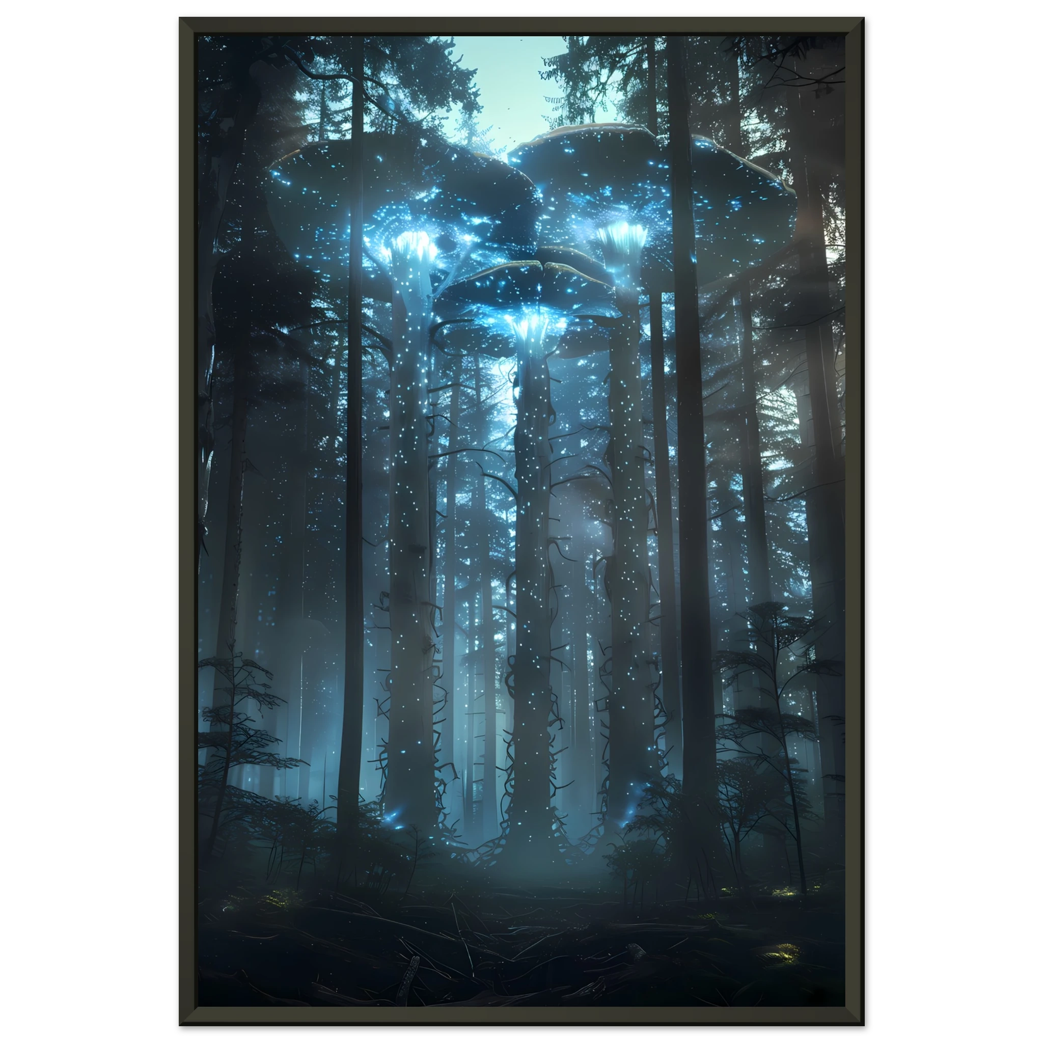 Neon mushroom forest glowing with rainbow light — surreal botanical fantasy print.