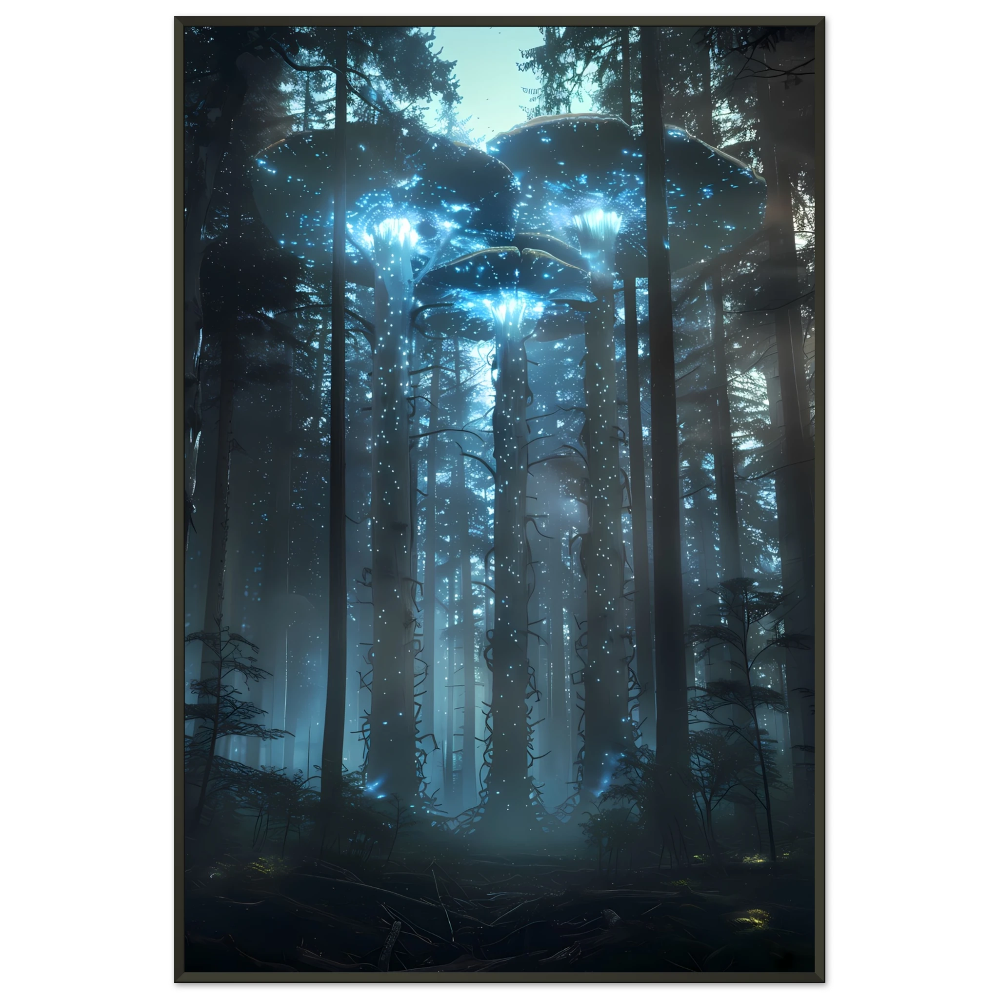 Neon mushroom forest glowing with rainbow light — surreal botanical fantasy print.