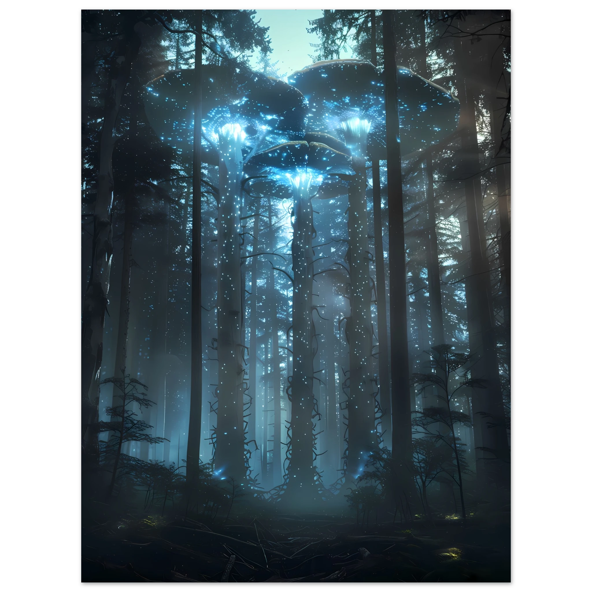 Neon mushroom forest glowing with rainbow light — surreal botanical fantasy print.