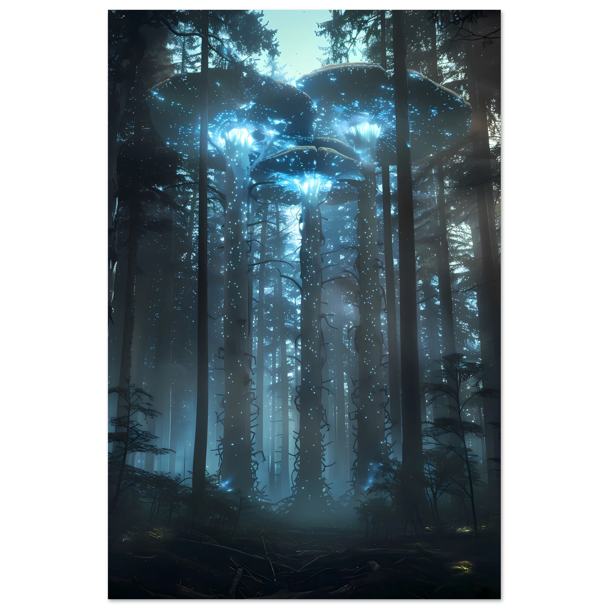 Neon mushroom forest glowing with rainbow light — surreal botanical fantasy print.